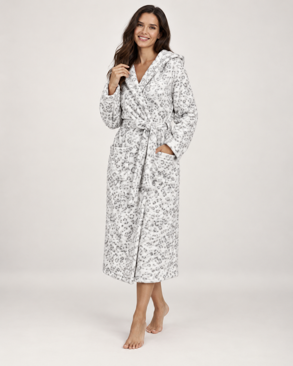 Women's Floral Hooded Dressing Gown in Grey