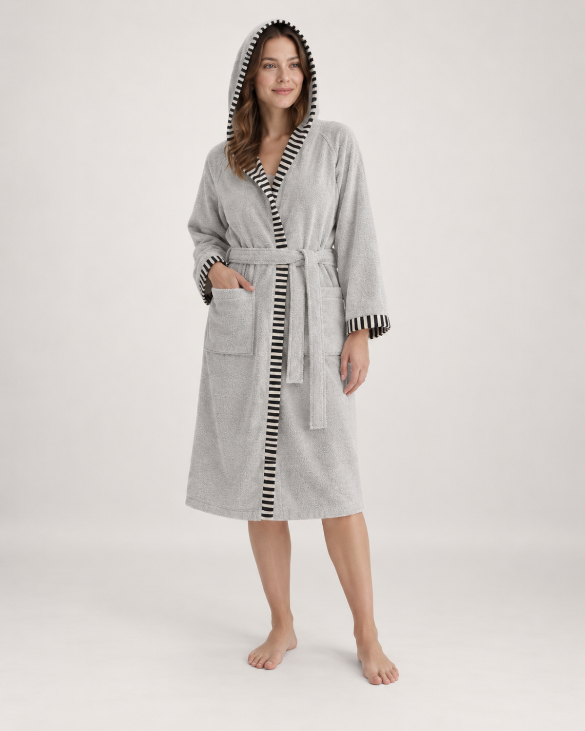 Women's Hooded Cotton Dressing Gown in Grey