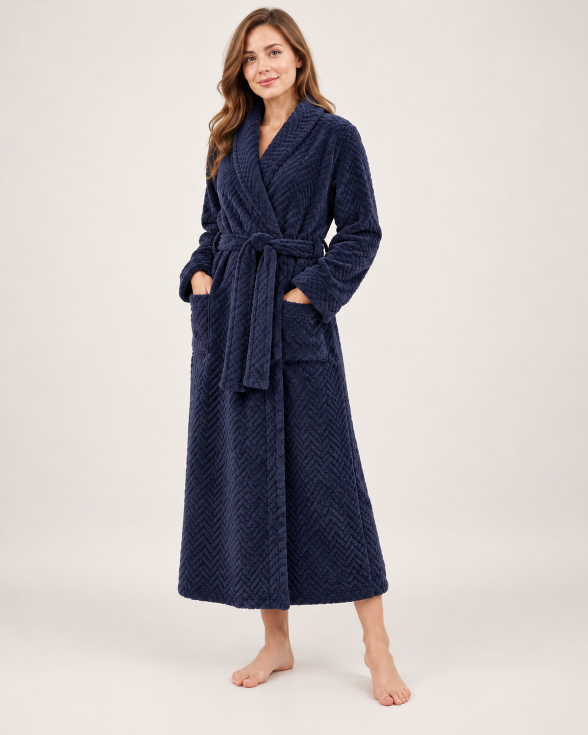 Women's Dressing Gown - Jacquard Shawl-Collar Style, blocking google shopping variant image for navy