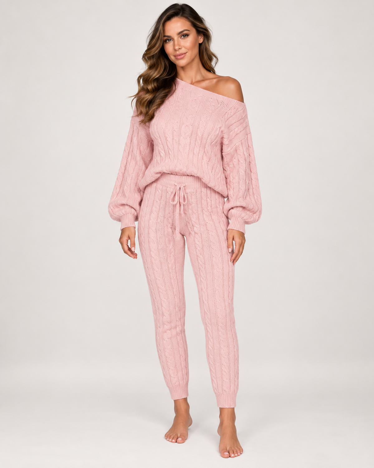 Women's Cable Knit Loungewear Set in Pink, Pink studio variant