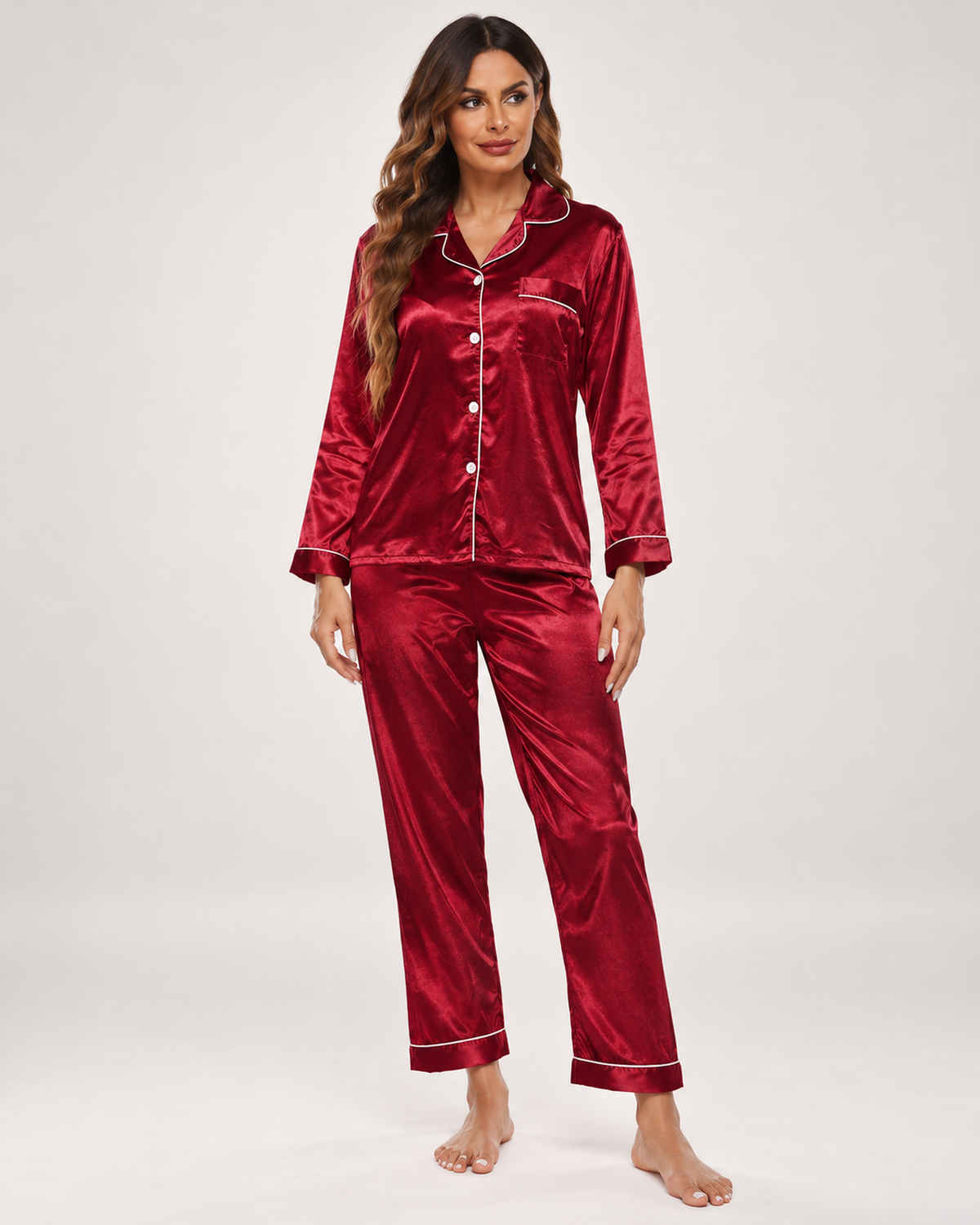 Women's Button-Up Pyjama Set in Red, Red studio variant