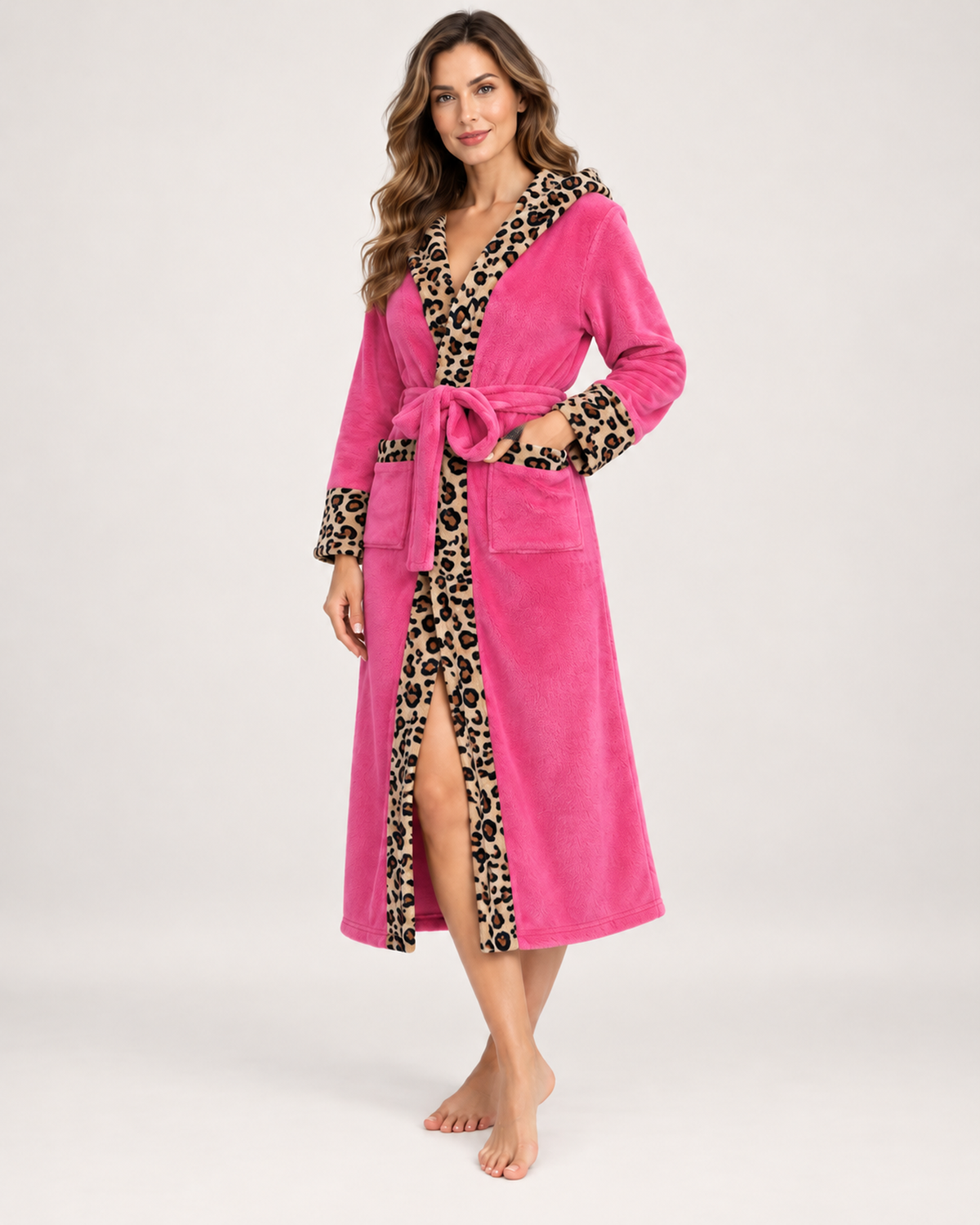 Women's Dressing Gown - Leopard-Trim Hooded Style, blocking google shopping variant image for rose red