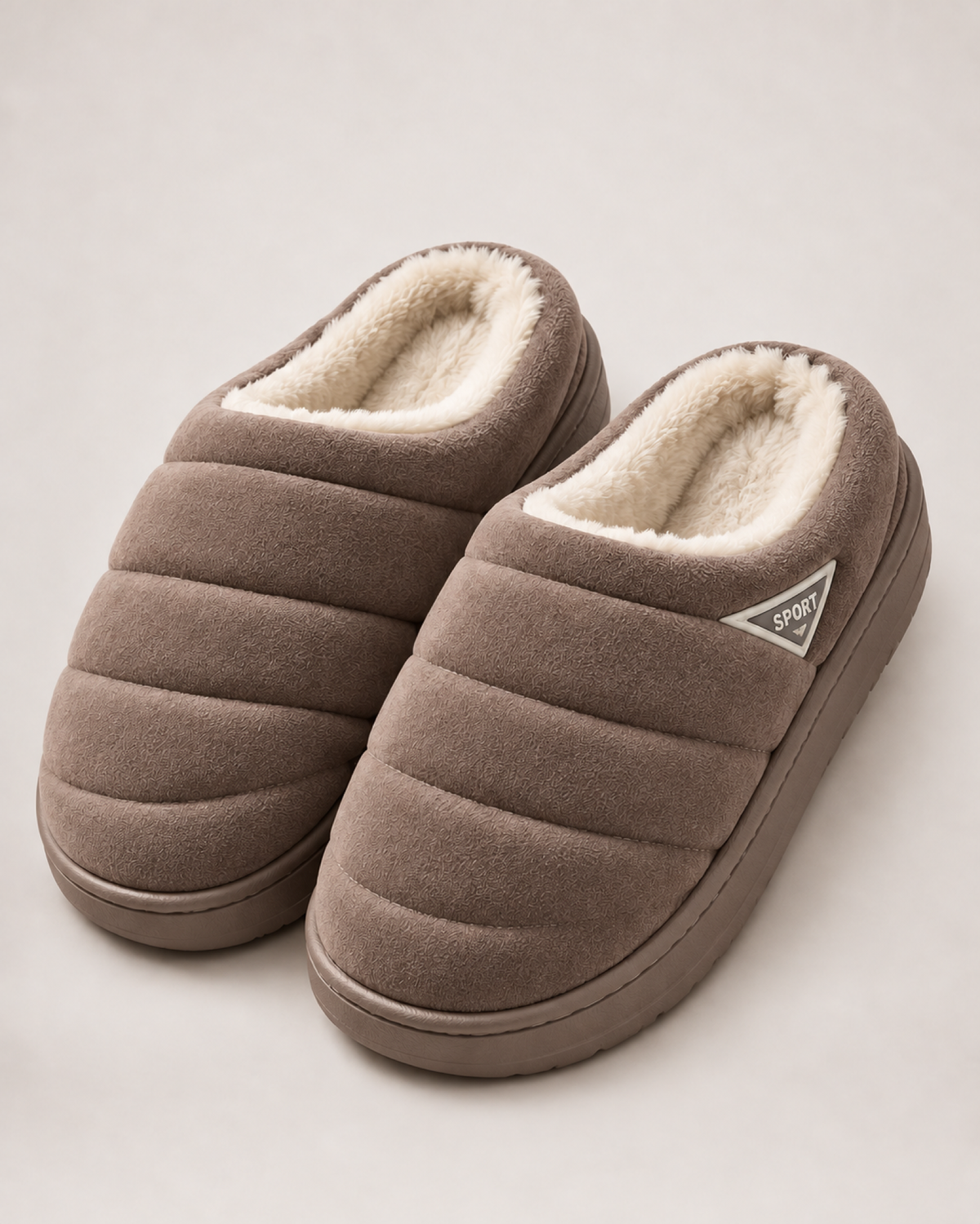 Men's taupe quilted plush slippers, front three-quarter studio view