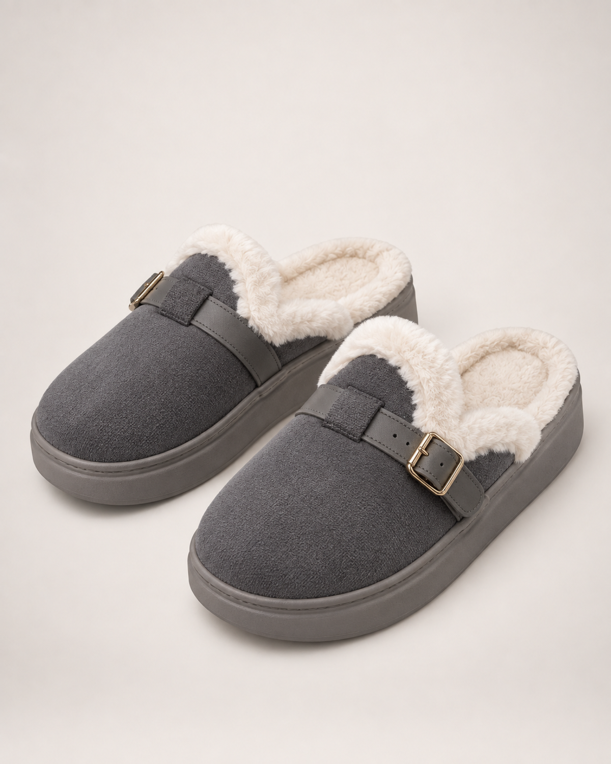 Faux Fur Buckle Mule Slippers in Grey