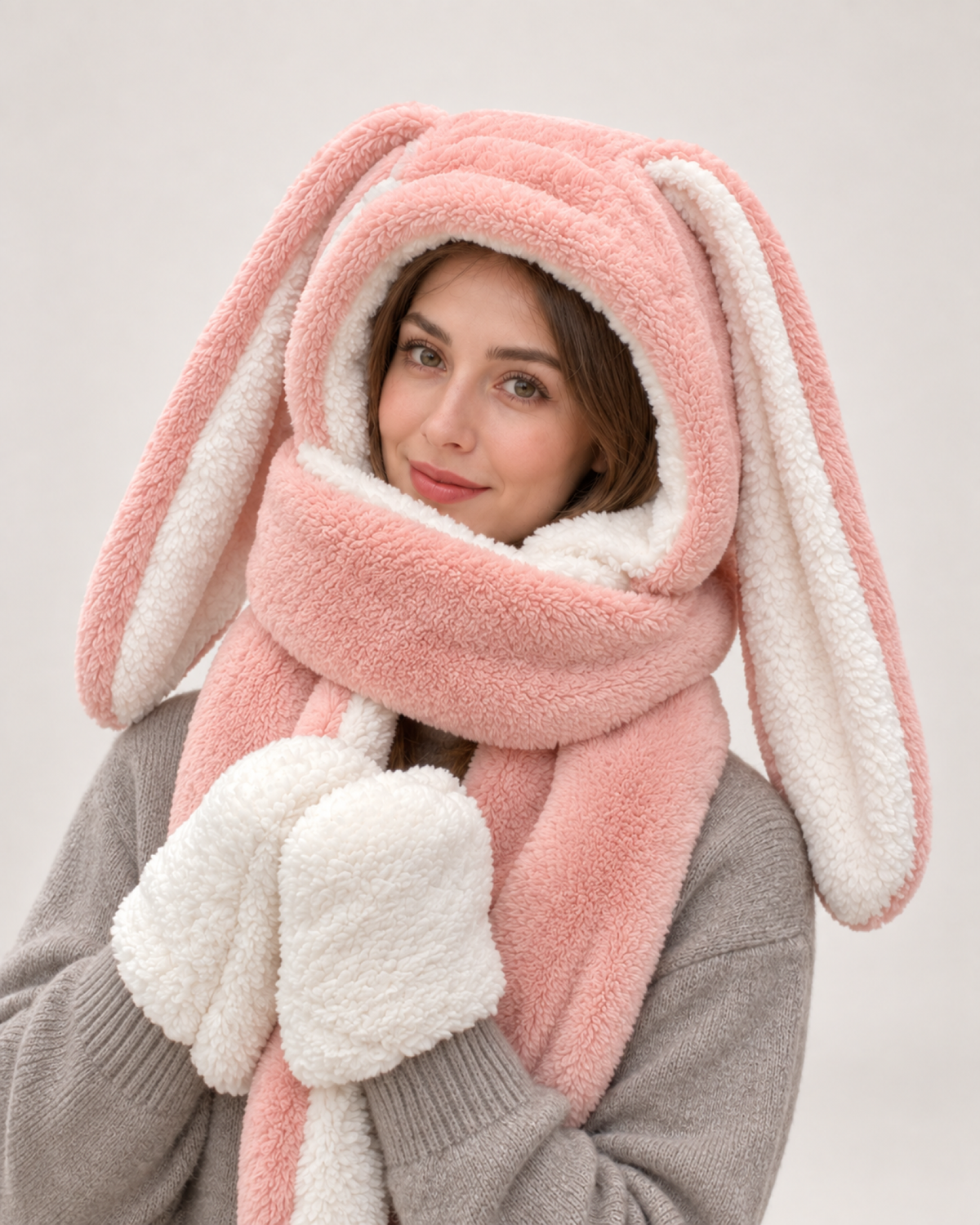 Plush Animal Ear Hooded Scarf in Pink / Bunny Ears