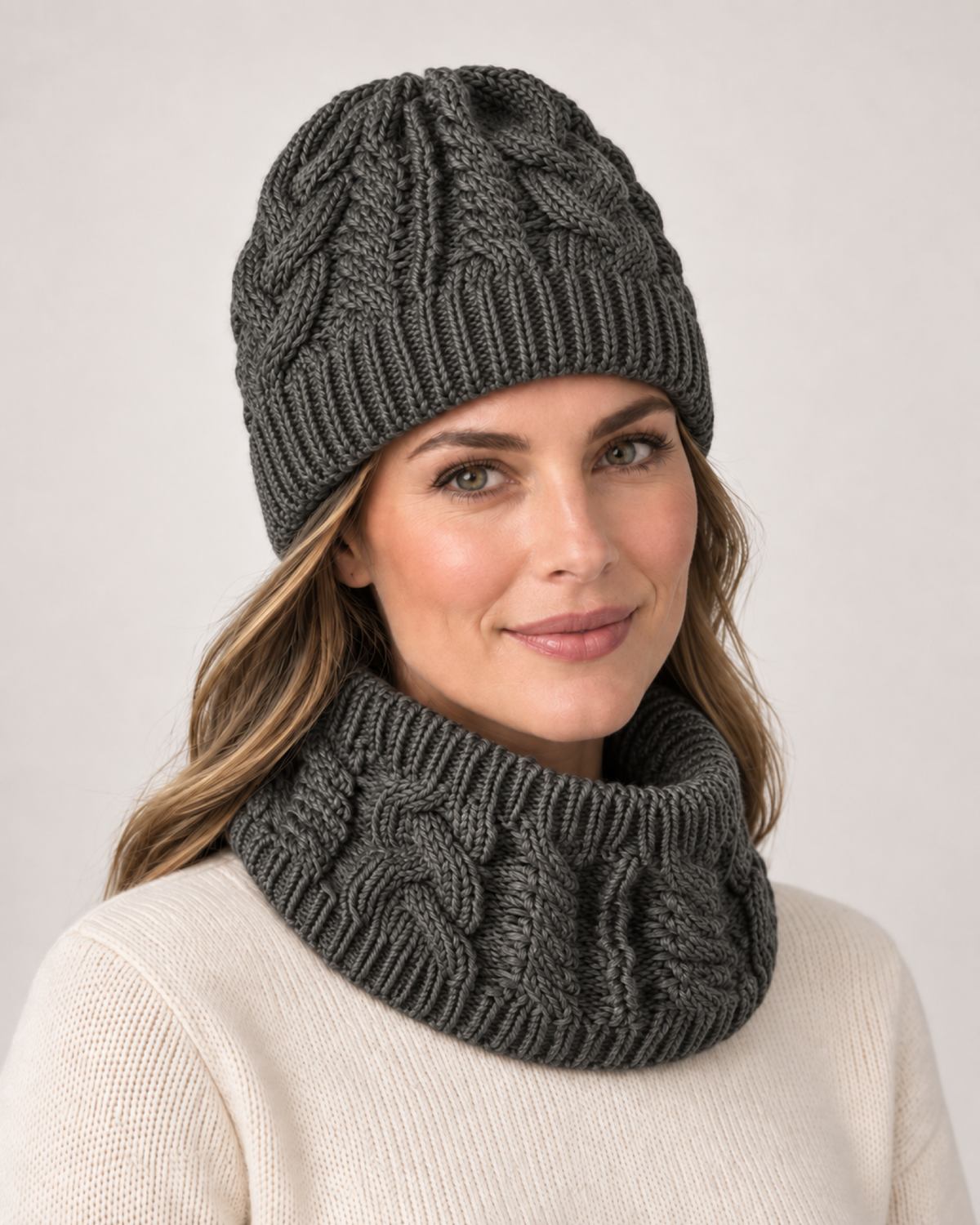 Women's Cable Knit Hat & Scarf Set in Dark Grey