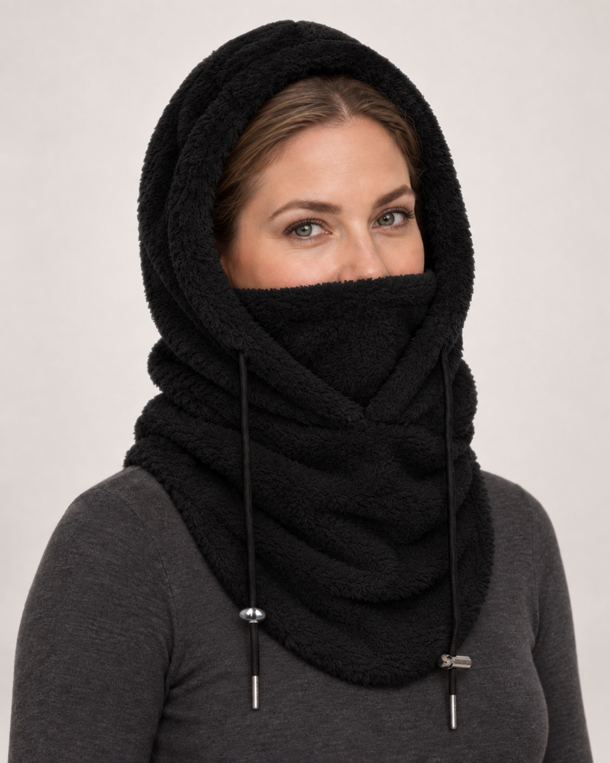 Plush Drawstring Balaclava Hood in Black