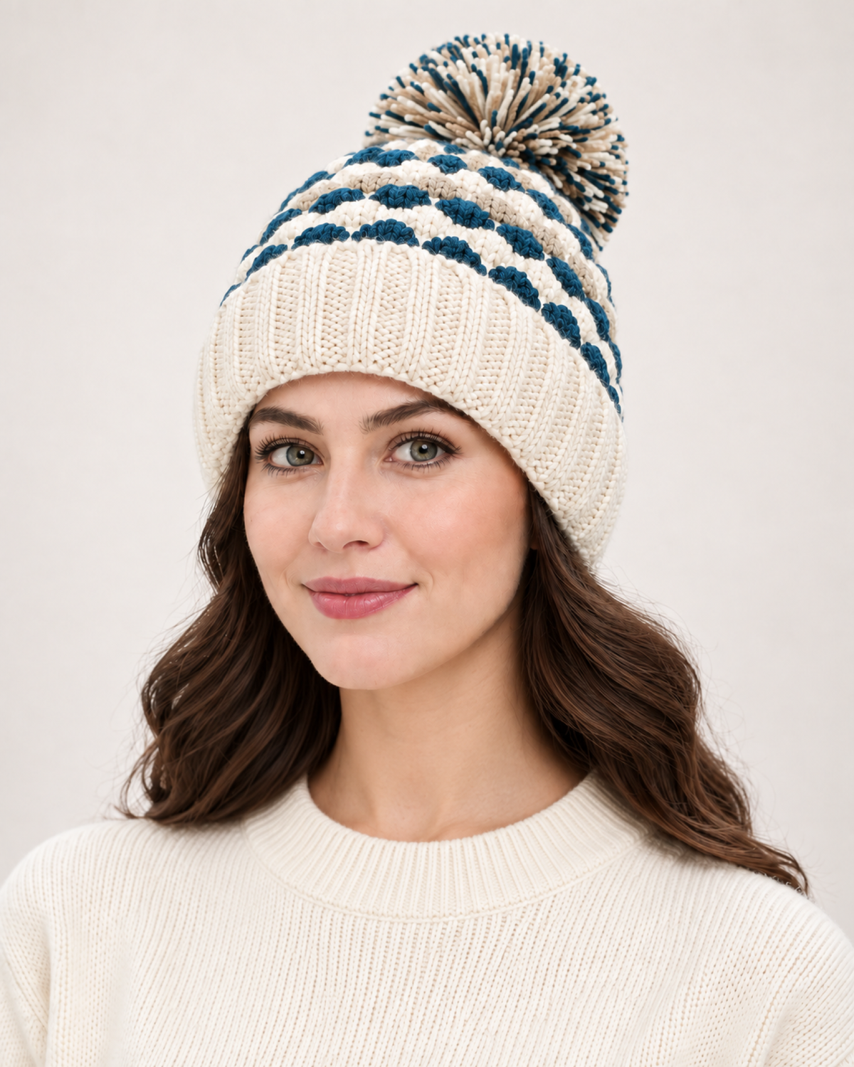 Women's Bobble Hat & Neck Warmer in Beige / Hat Only