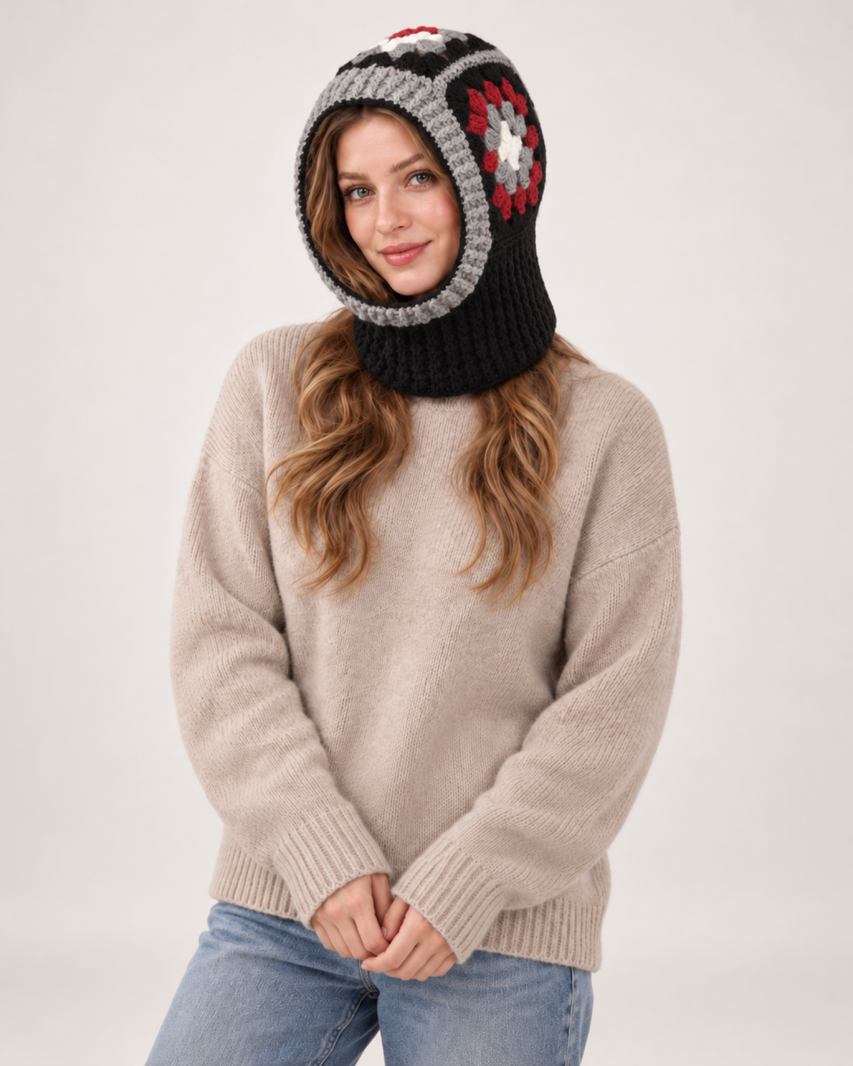 Women's black floral crochet hooded scarf, front studio view