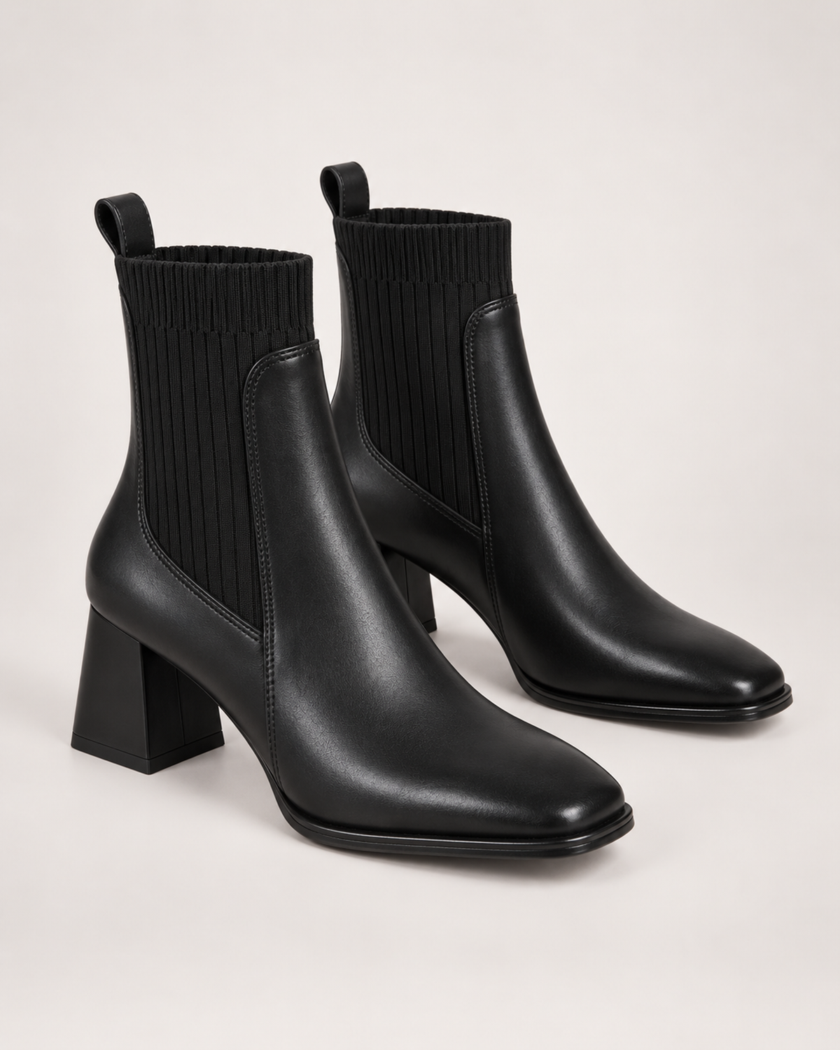 Women's Sock Boots – Square Toe Block Heel in Black, variant view