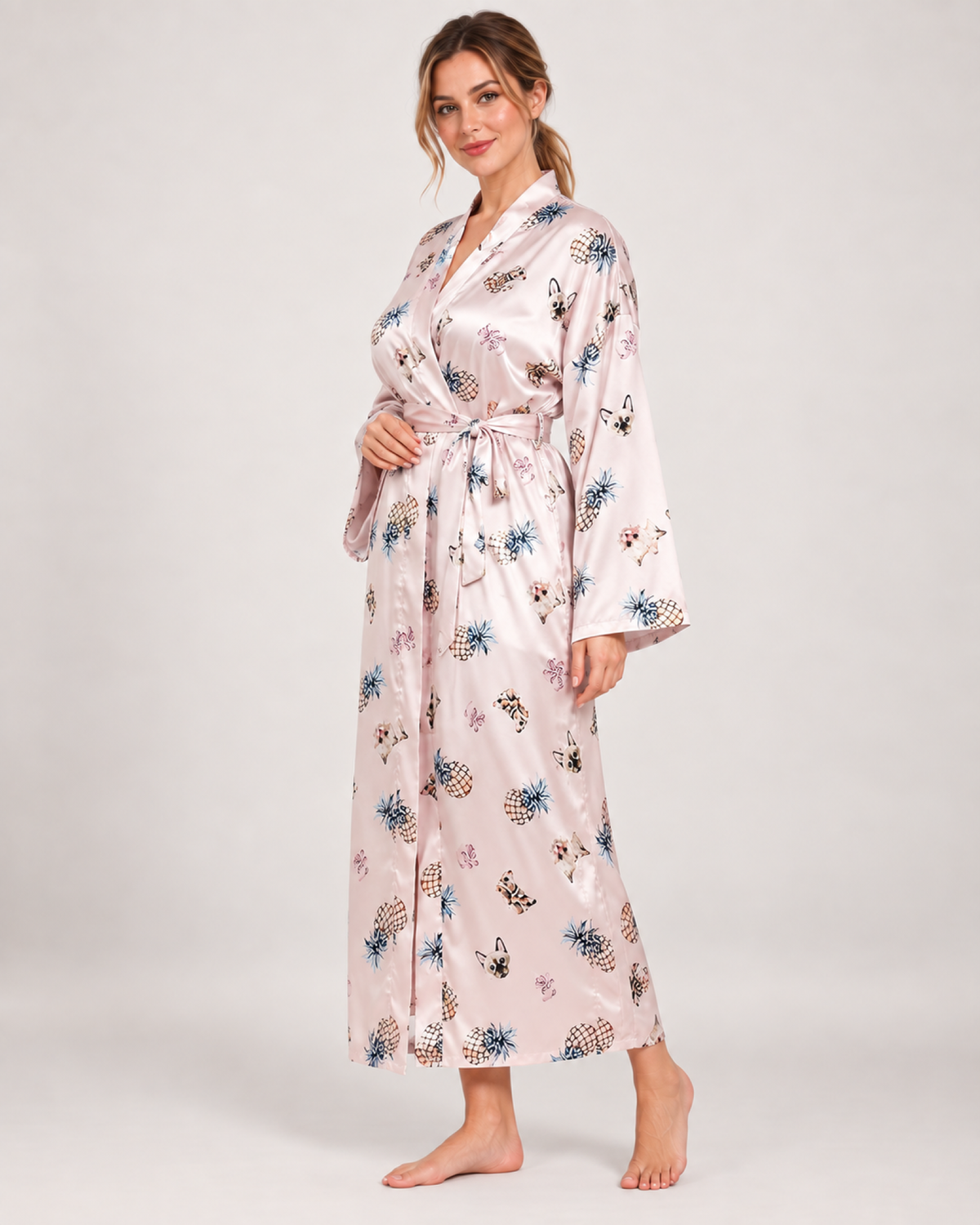 Ladies' Floral Dressing Gown – Long Wrap Style in Blush Print, variant view