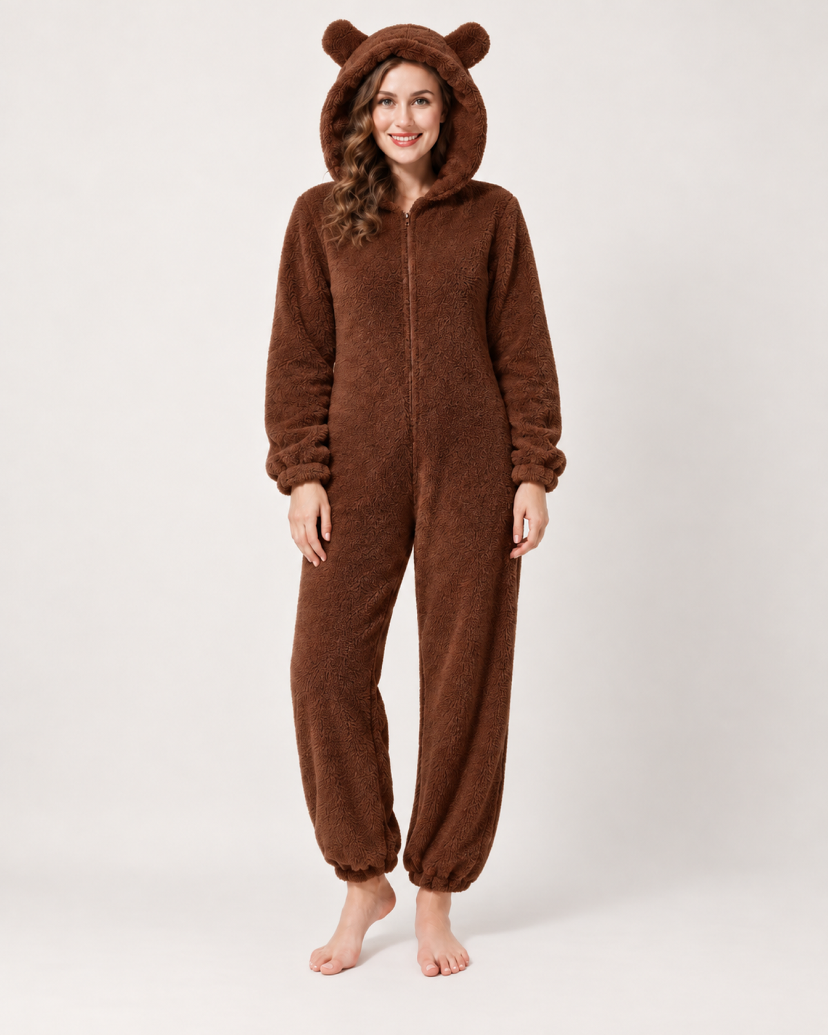Women's brown bear-ear fleece onesie, front studio view