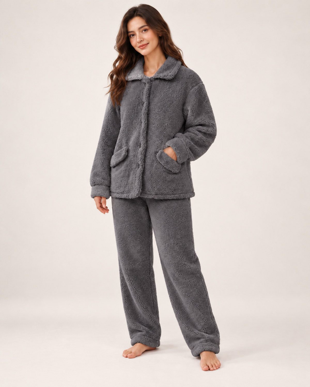 Women's Fleece Pyjama Set – Button-Front Loungewear, standalone google shopping variant image for charcoal grey
