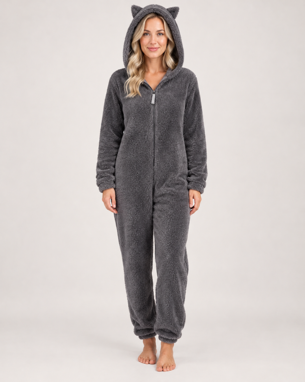Women's dark grey cat-ear fleece onesie, front studio view