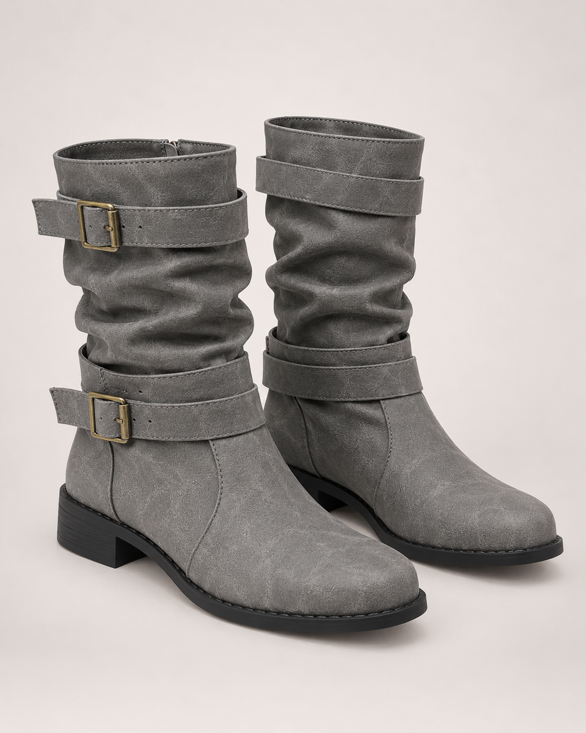 Women's Biker Boots – Double Buckle Detail in Grey, variant view