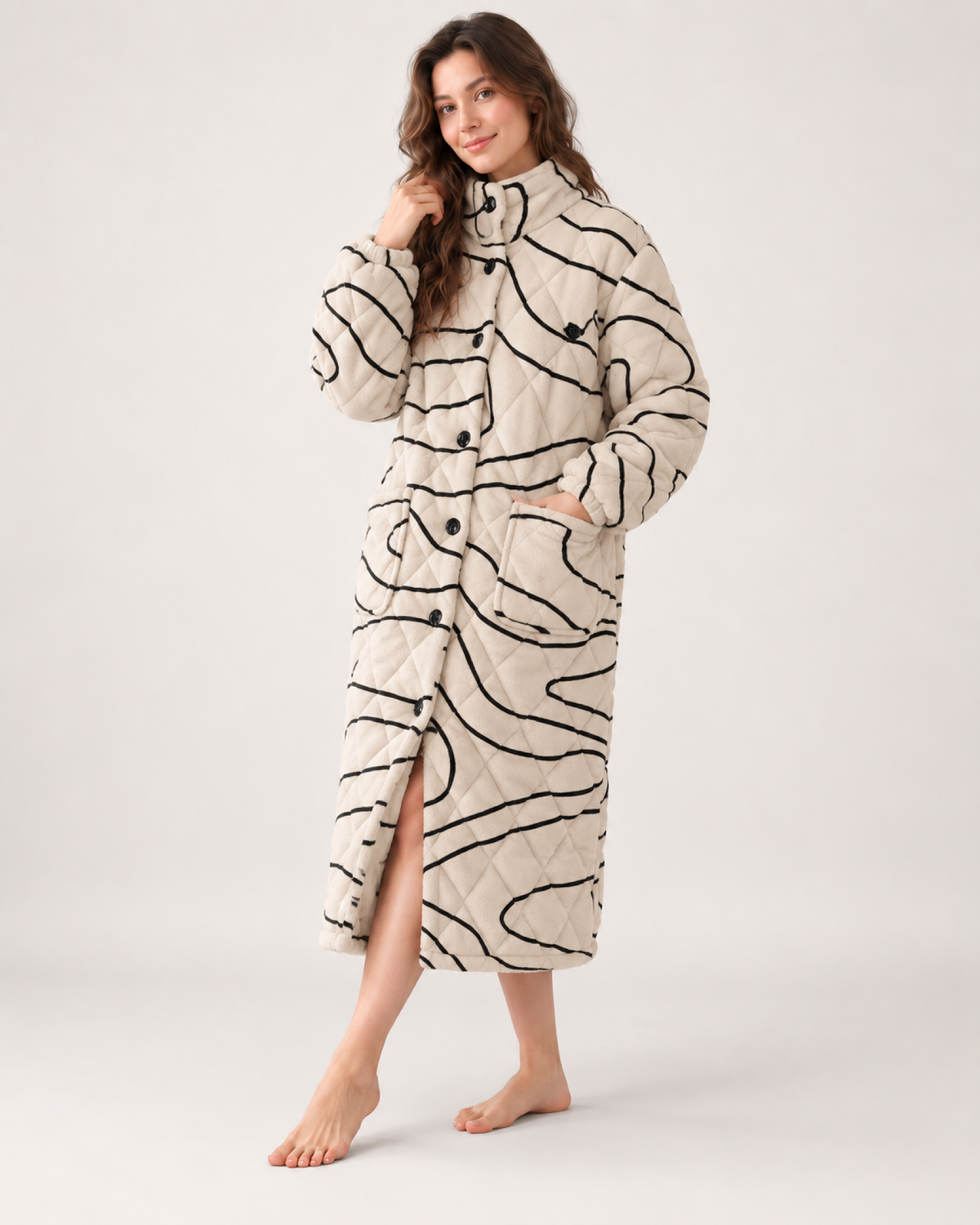 Women's Quilted Fleece Dressing Gown – Hooded Long Style, standalone google shopping variant image for ivory
