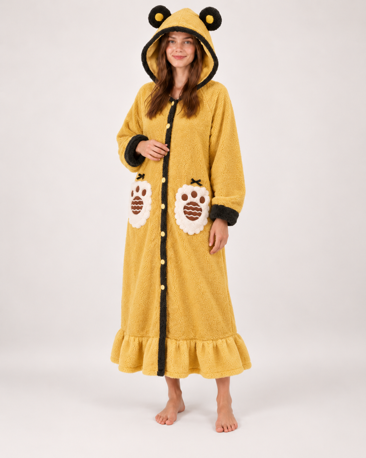 Women's Animal Hooded Lounge Robe in Mustard & Black, variant view