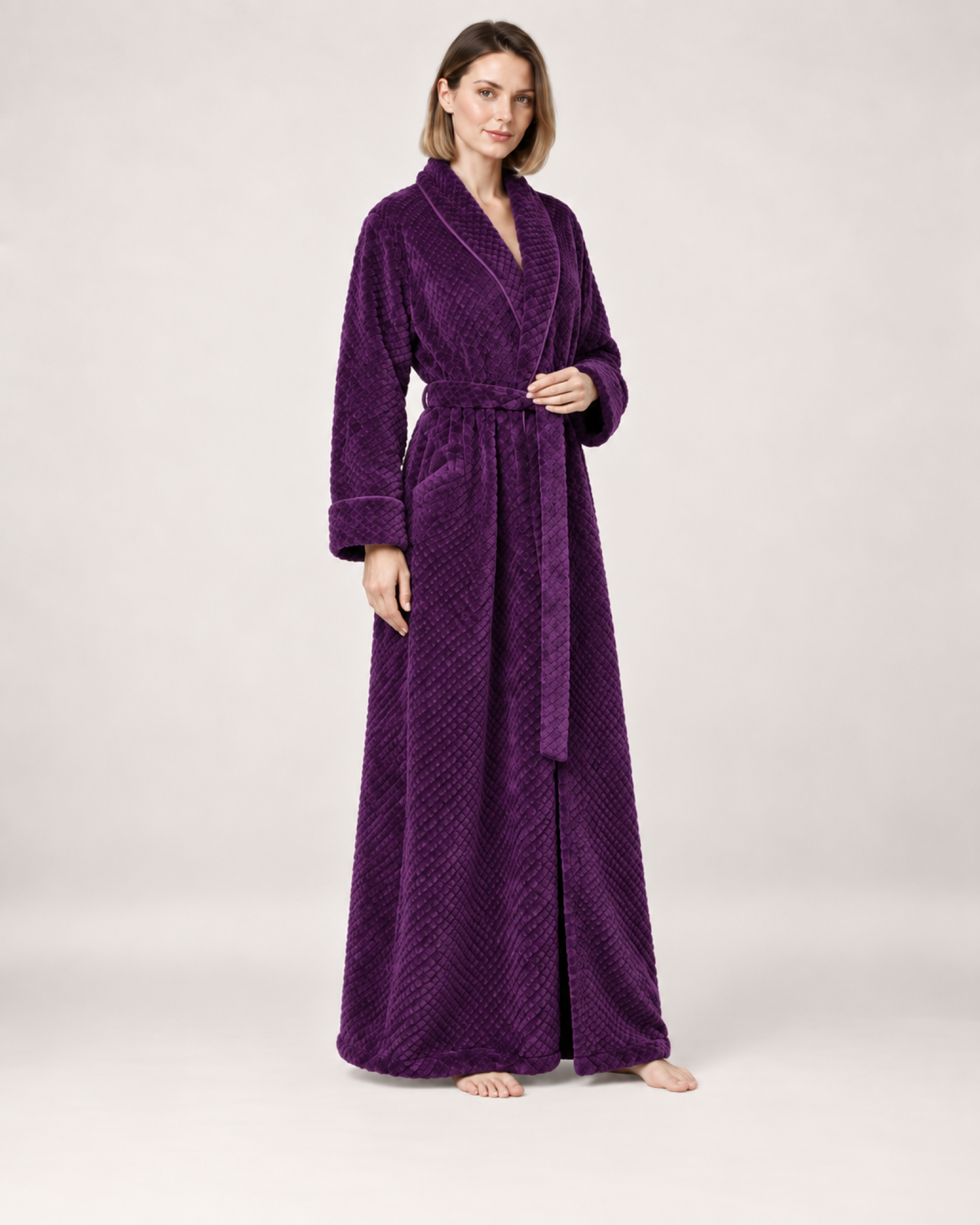 Women's Textured Long Dressing Gown in Purple, variant view