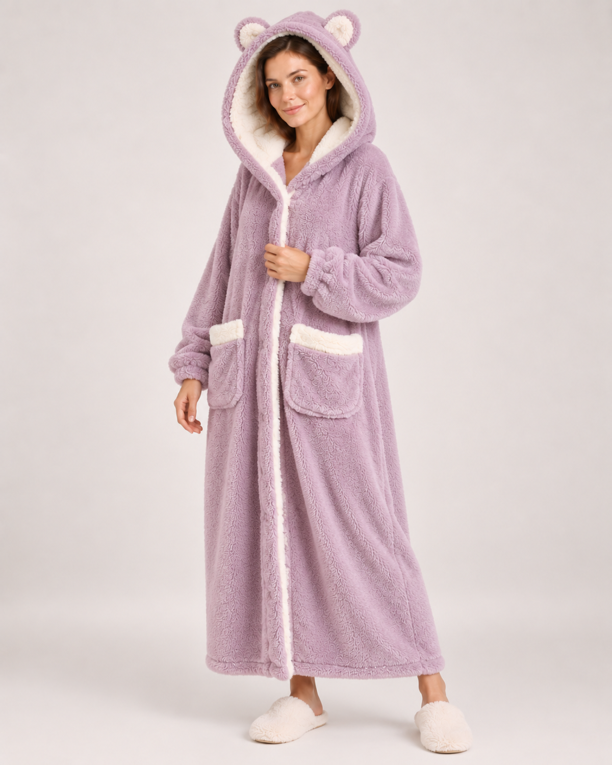 Ladies' Hooded Dressing Gown – Rounded Ear Detail in Purple, variant view