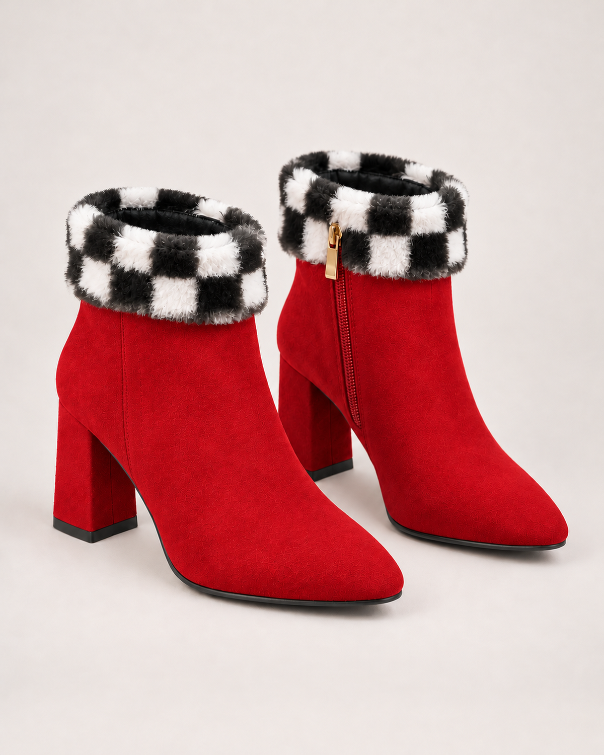 Women's Ankle Boots - Plaid-Trim Block Heel Style, blocking google shopping variant image for red plaid