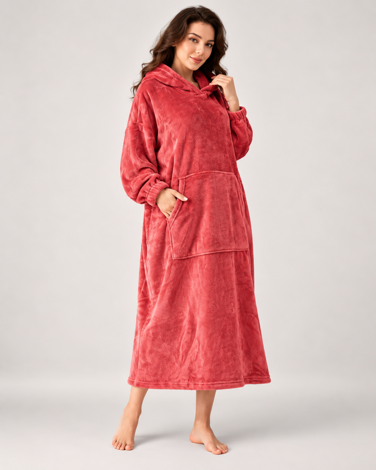 Ladies' Hooded Dressing Gown – Long Pullover Style in Red, variant view