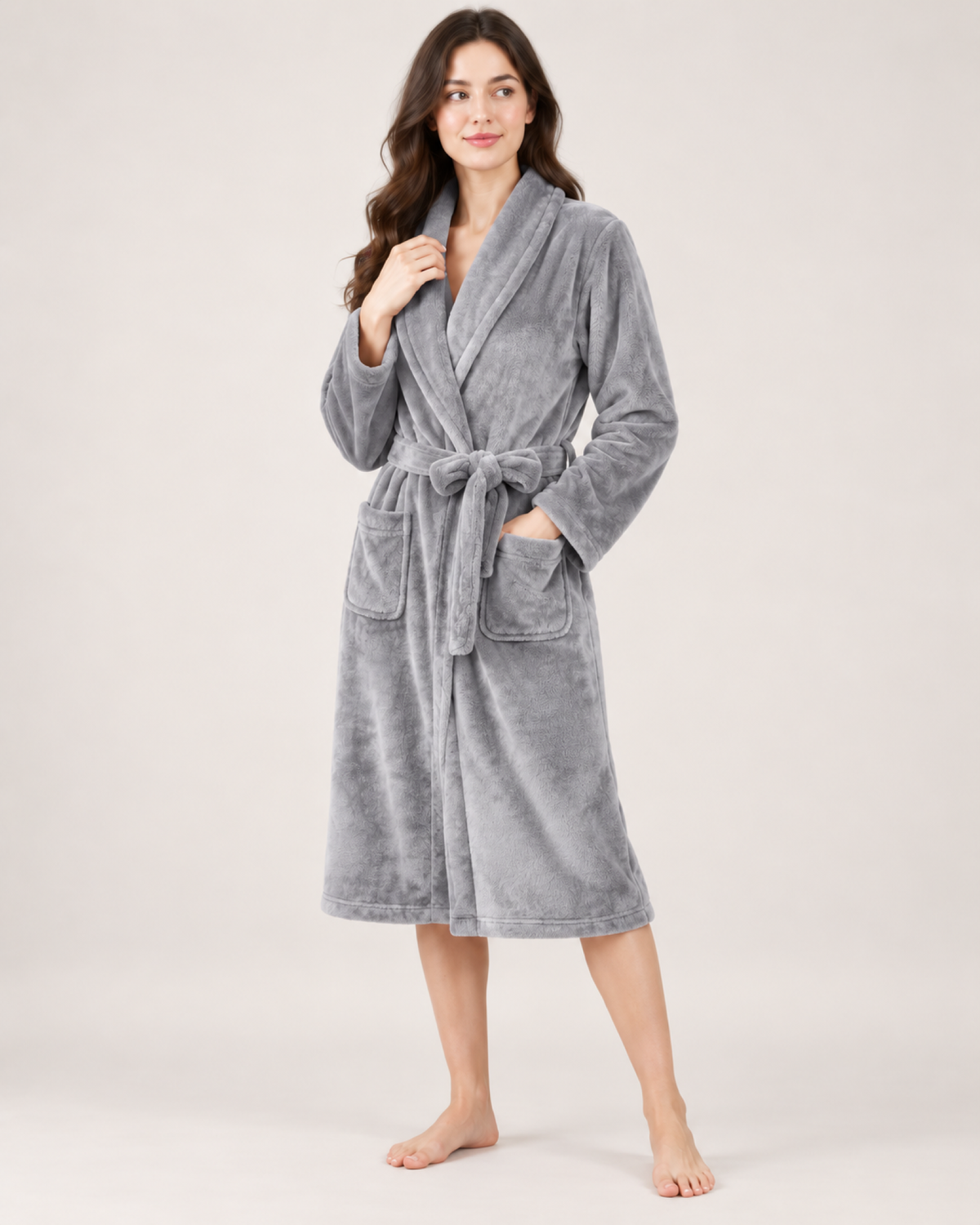 Women's Long Fleece Dressing Gown – Belted Robe, standalone google shopping variant image for silver grey