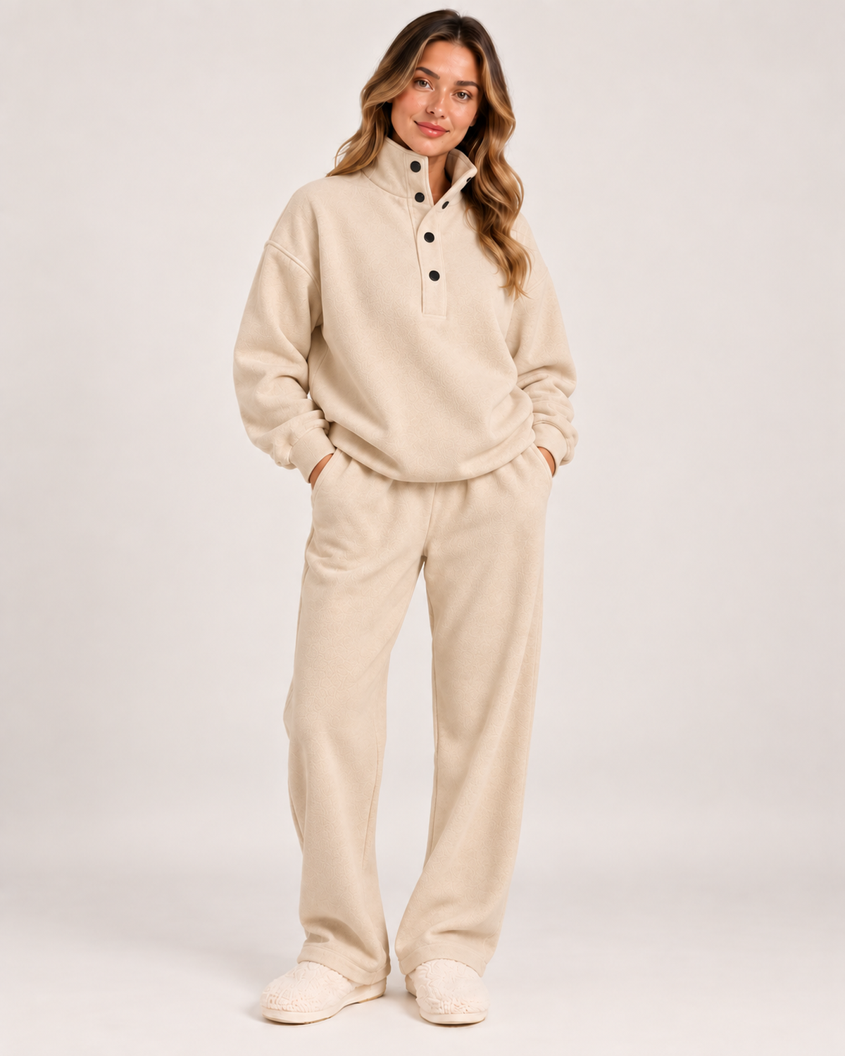 Women's Oversized Button-Neck Loungewear Set in Beige, Beige studio variant