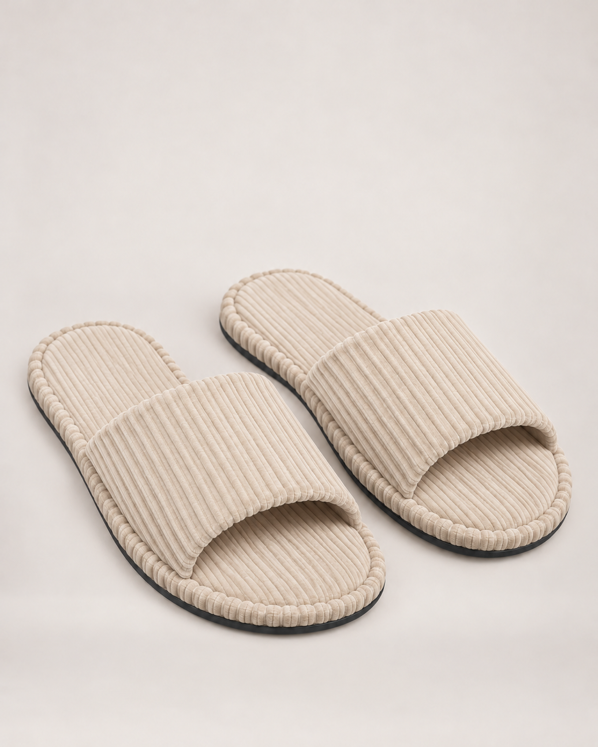 Men's beige corduroy open-toe slippers, front three-quarter studio view