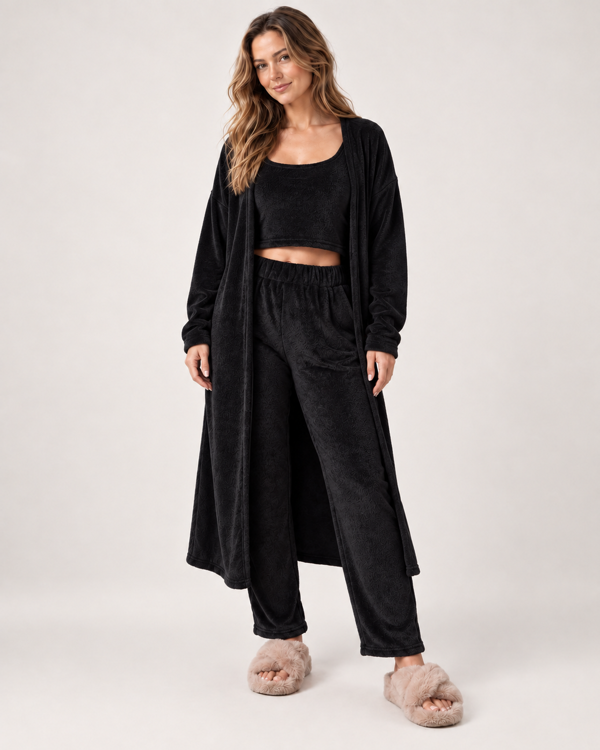 Women's Three Piece Loungewear Set in Black, Black studio variant