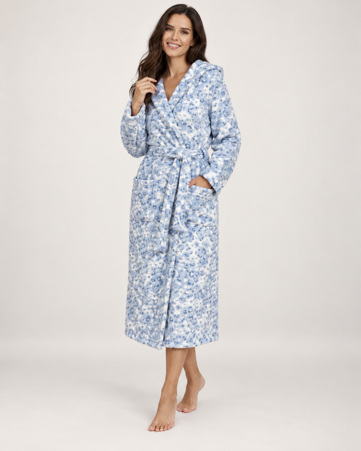 Women's Floral Hooded Dressing Gown in Blue