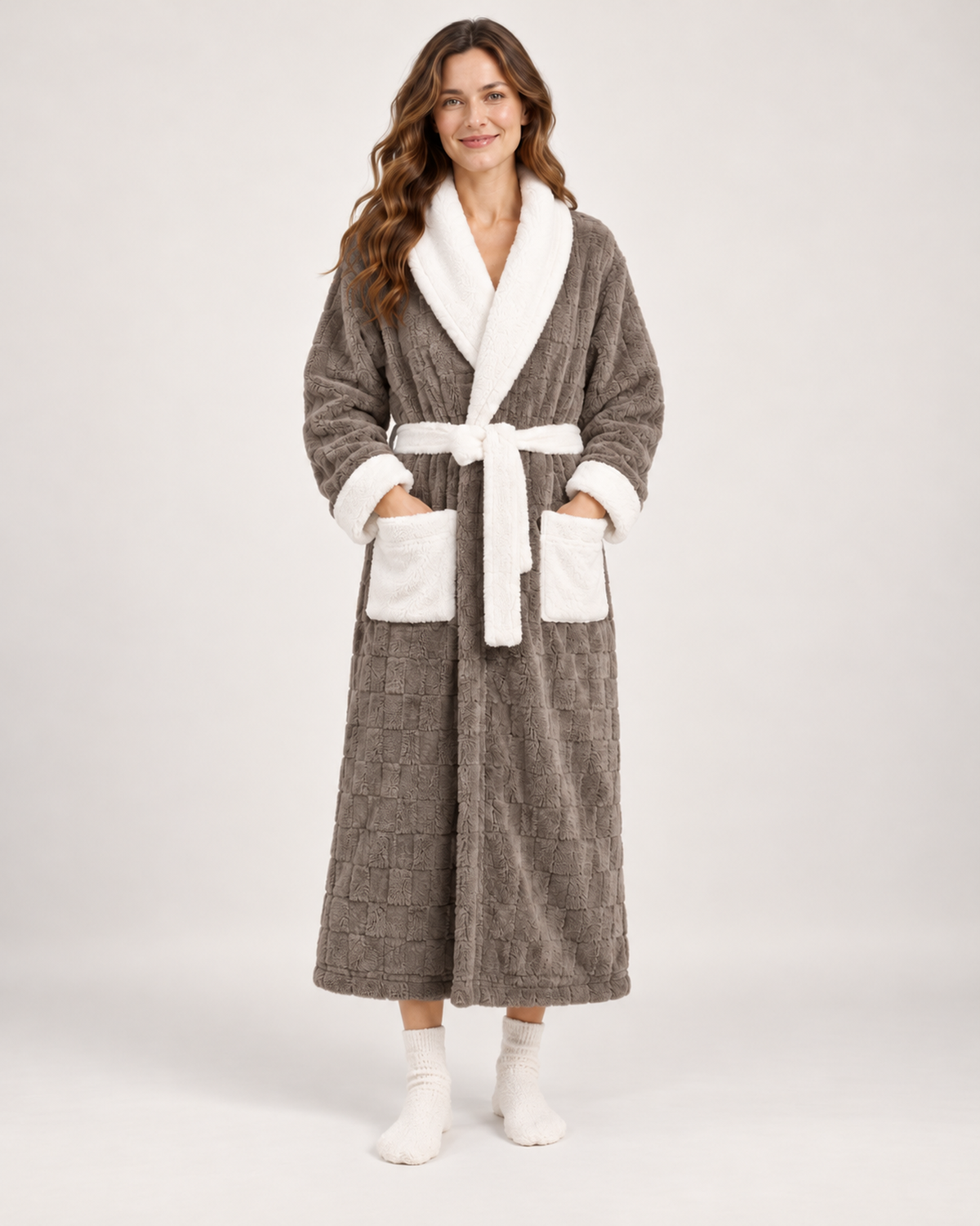 Women's Dressing Gown - Textured Contrast-Trim Style, blocking google shopping variant image for brown grey