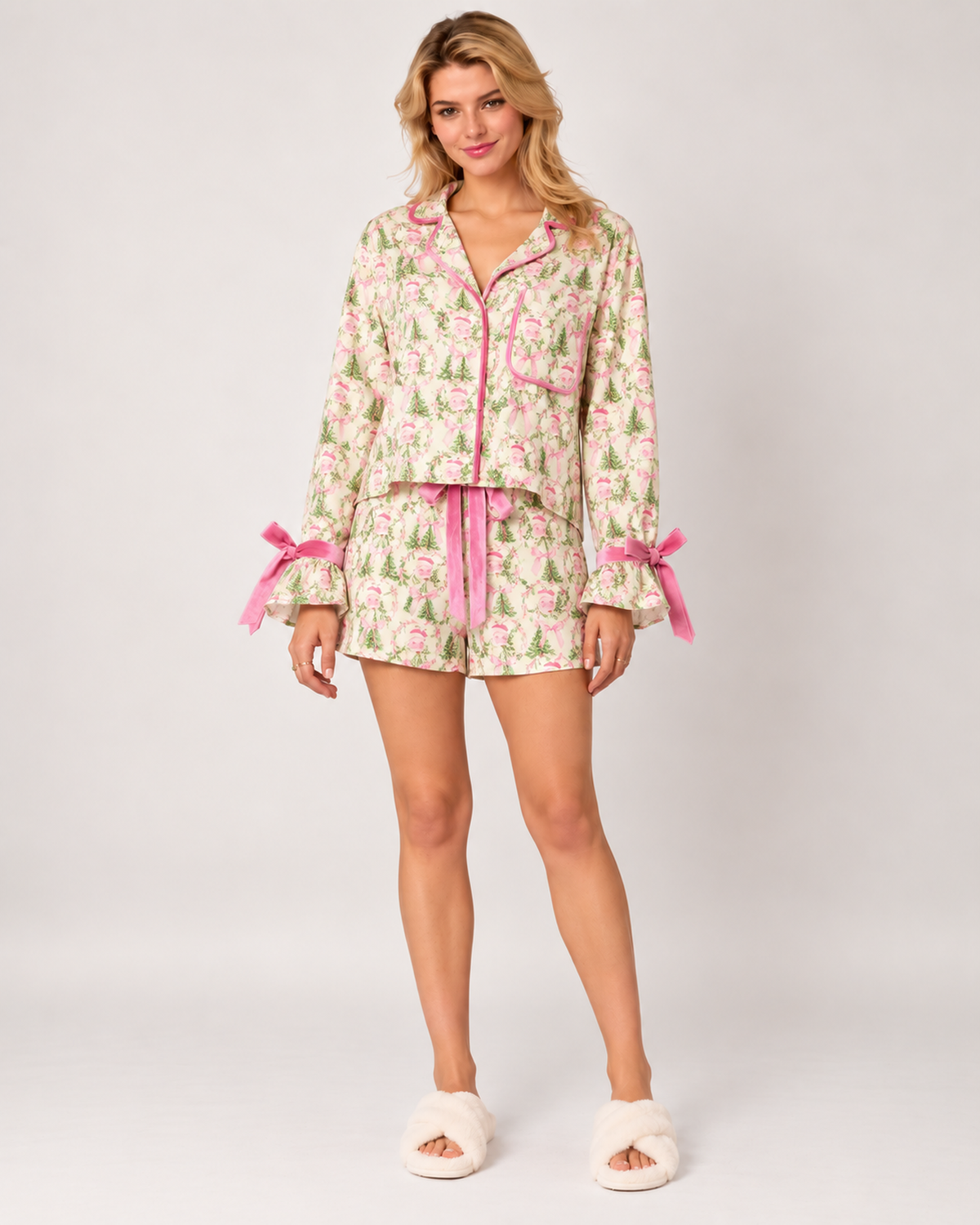 Women's Christmas Short Pyjama Set in Green Christmas Tree, Green Christmas Tree studio variant