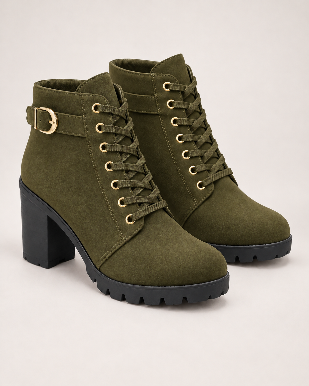 Women's Ankle Boots - Buckled Lace-Up Block Heel, blocking google shopping variant image for green