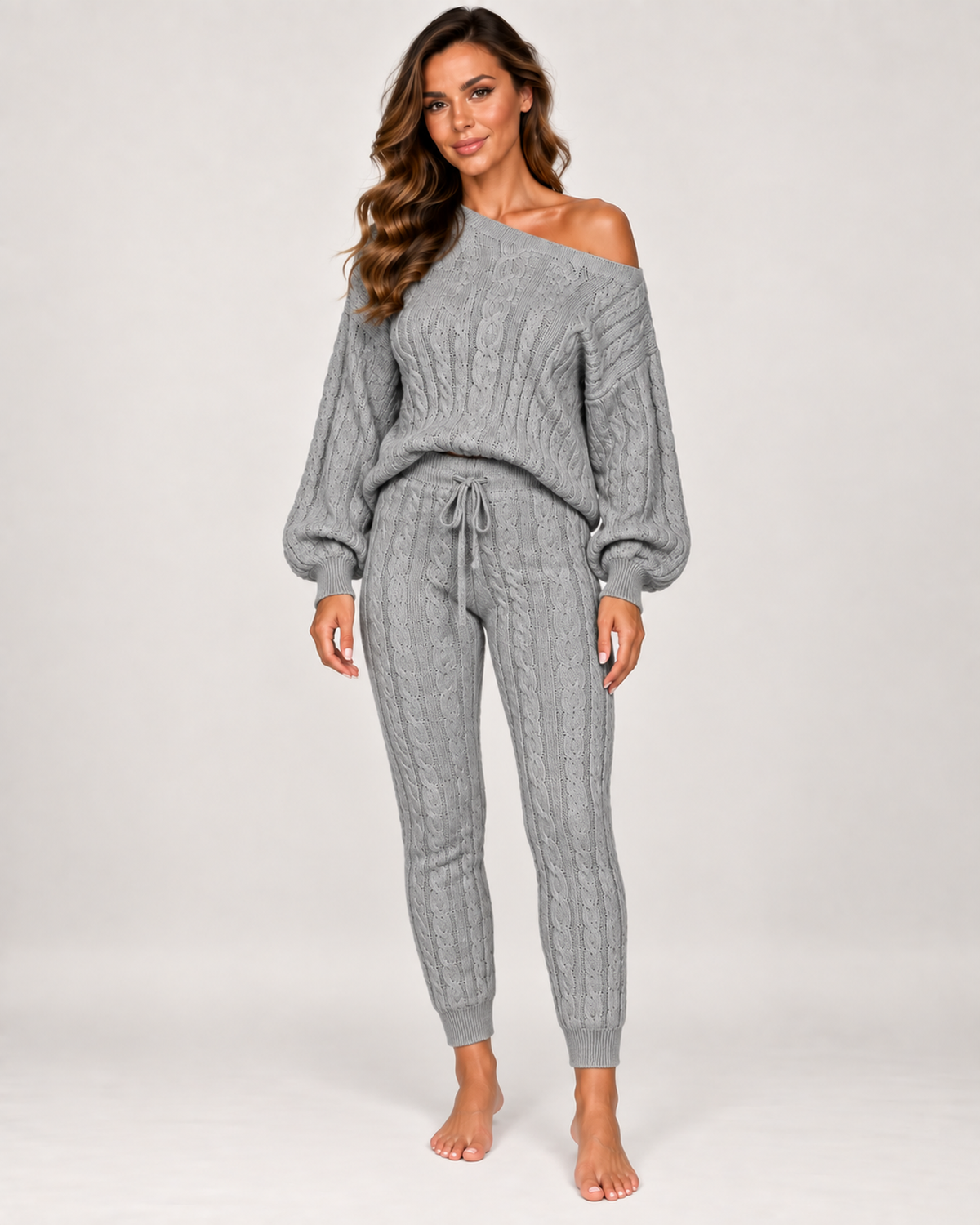 Women's Cable Knit Loungewear Set in Grey, Grey studio variant