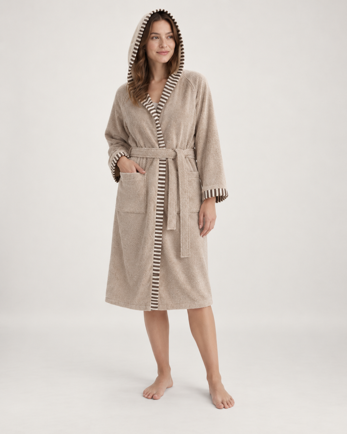 Women's Hooded Cotton Dressing Gown in Light Brown