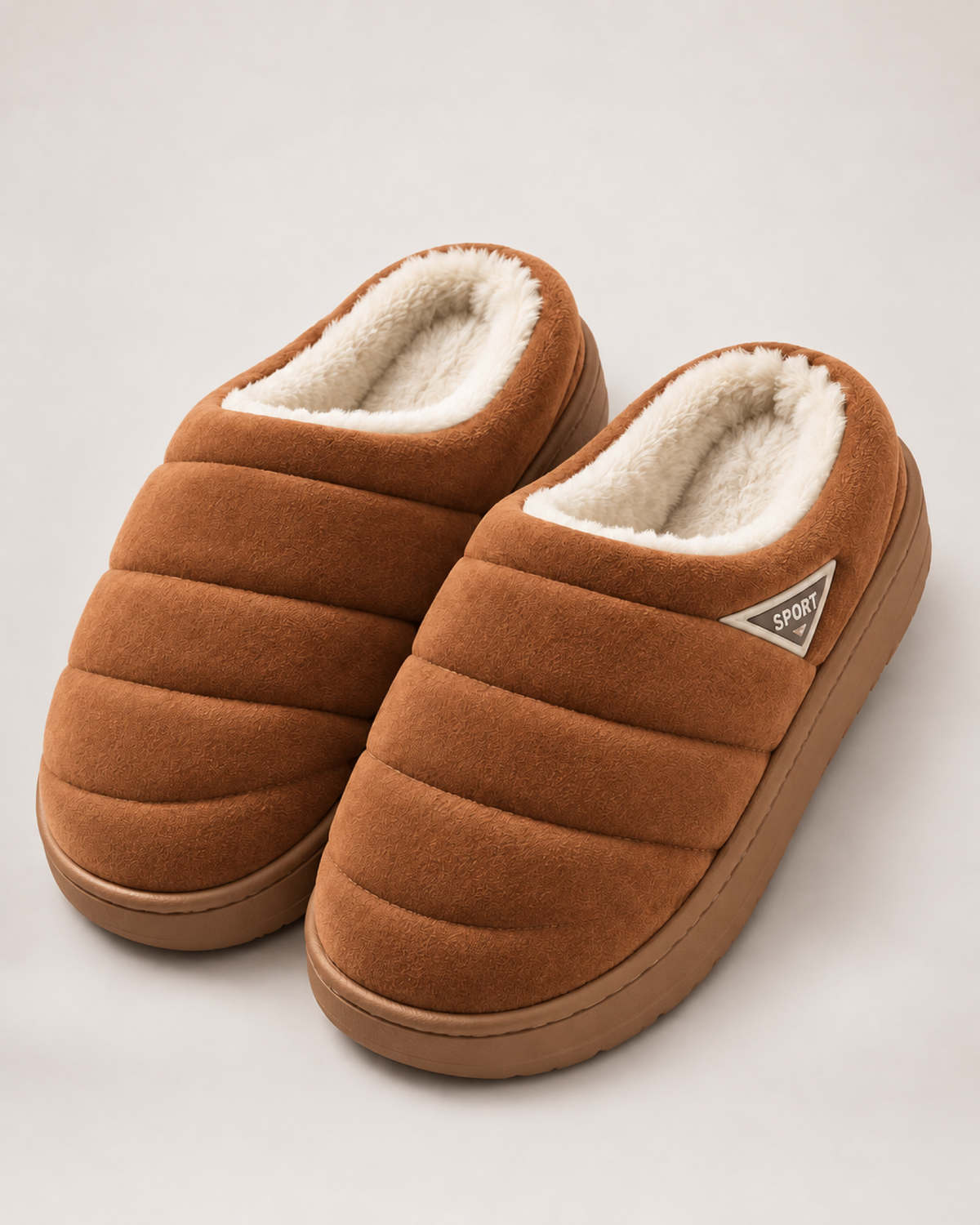 Men's tan quilted plush slippers, front three-quarter studio view