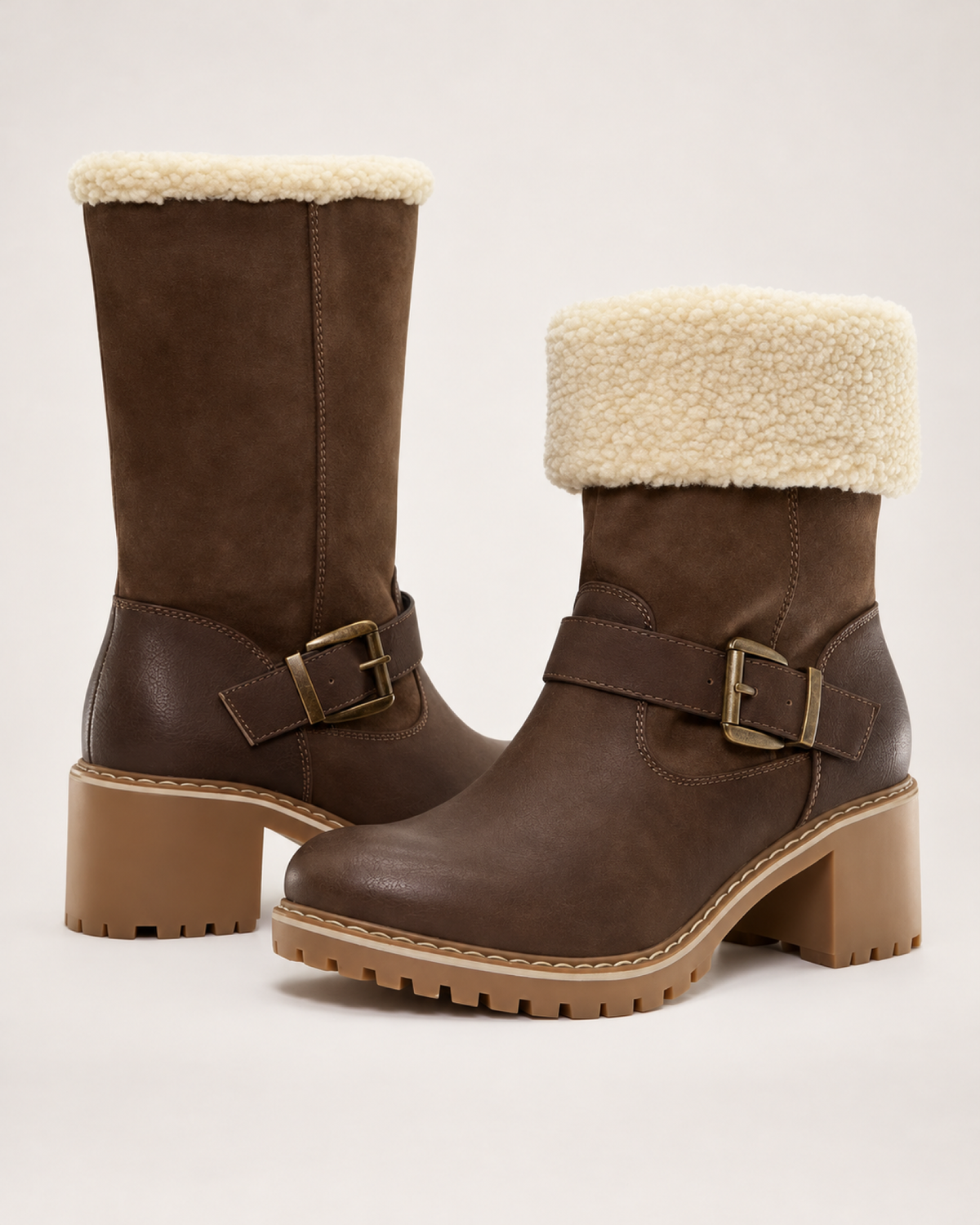 Women's Buckle Boots: Plush-Lined Block Heel Style in Dark Brown, google shopping variant