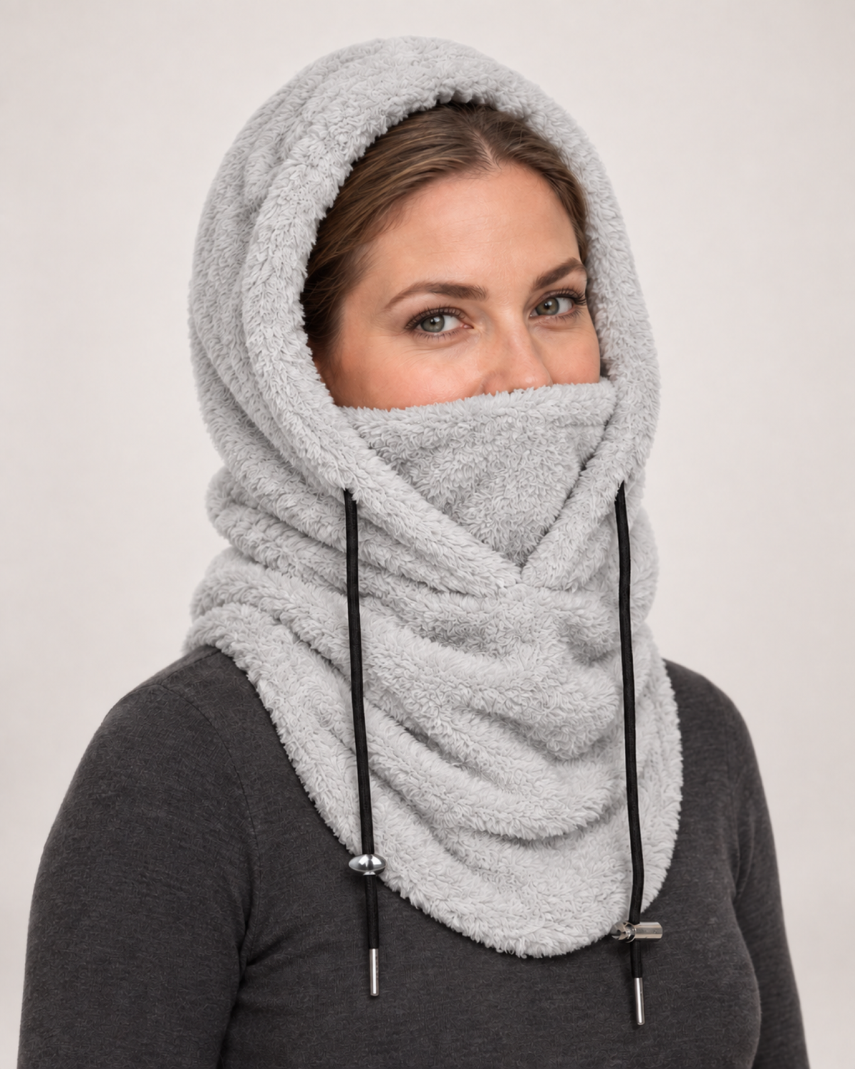 Plush Drawstring Balaclava Hood in Light Grey