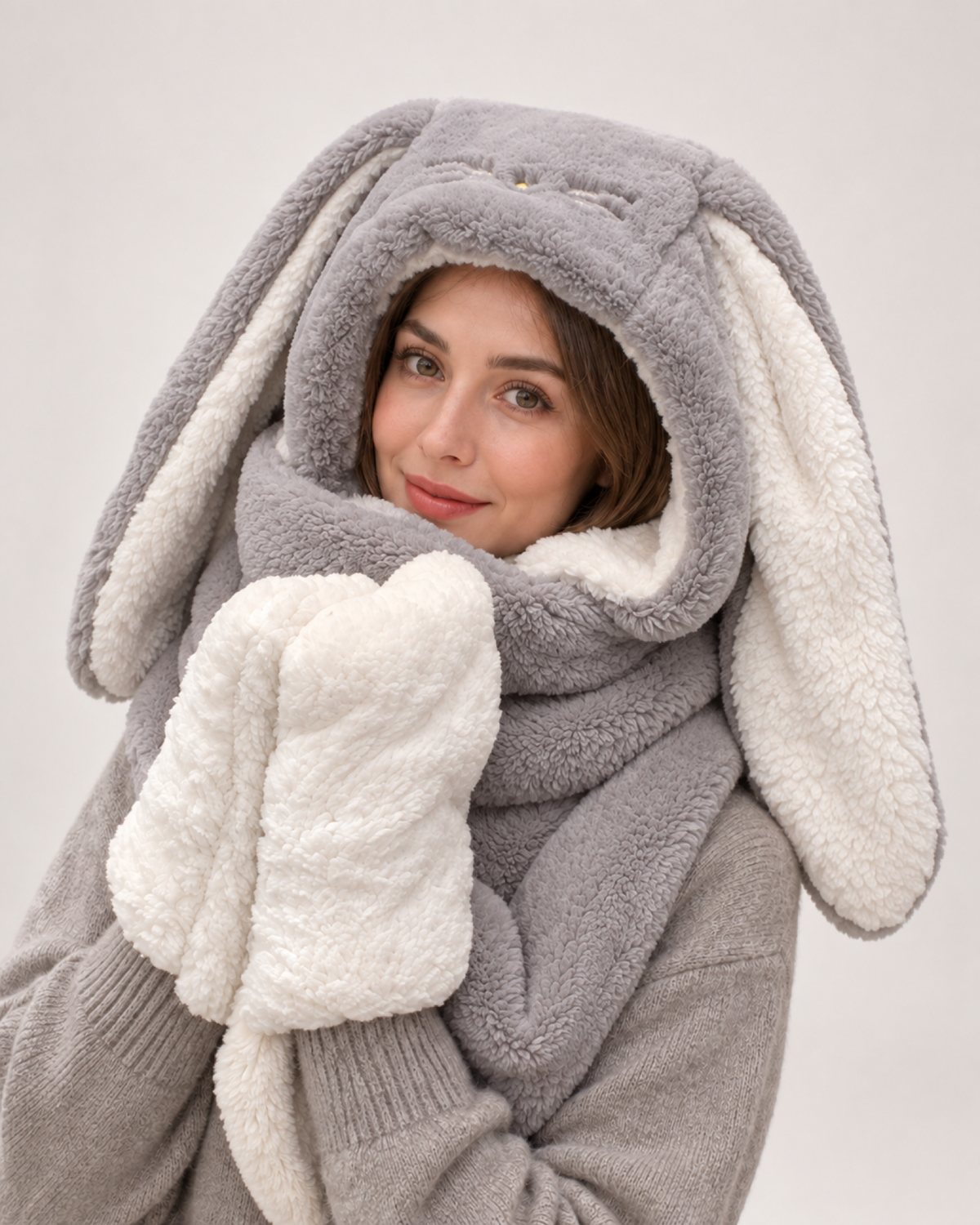 Plush Animal Ear Hooded Scarf in Grey / Bunny Ears