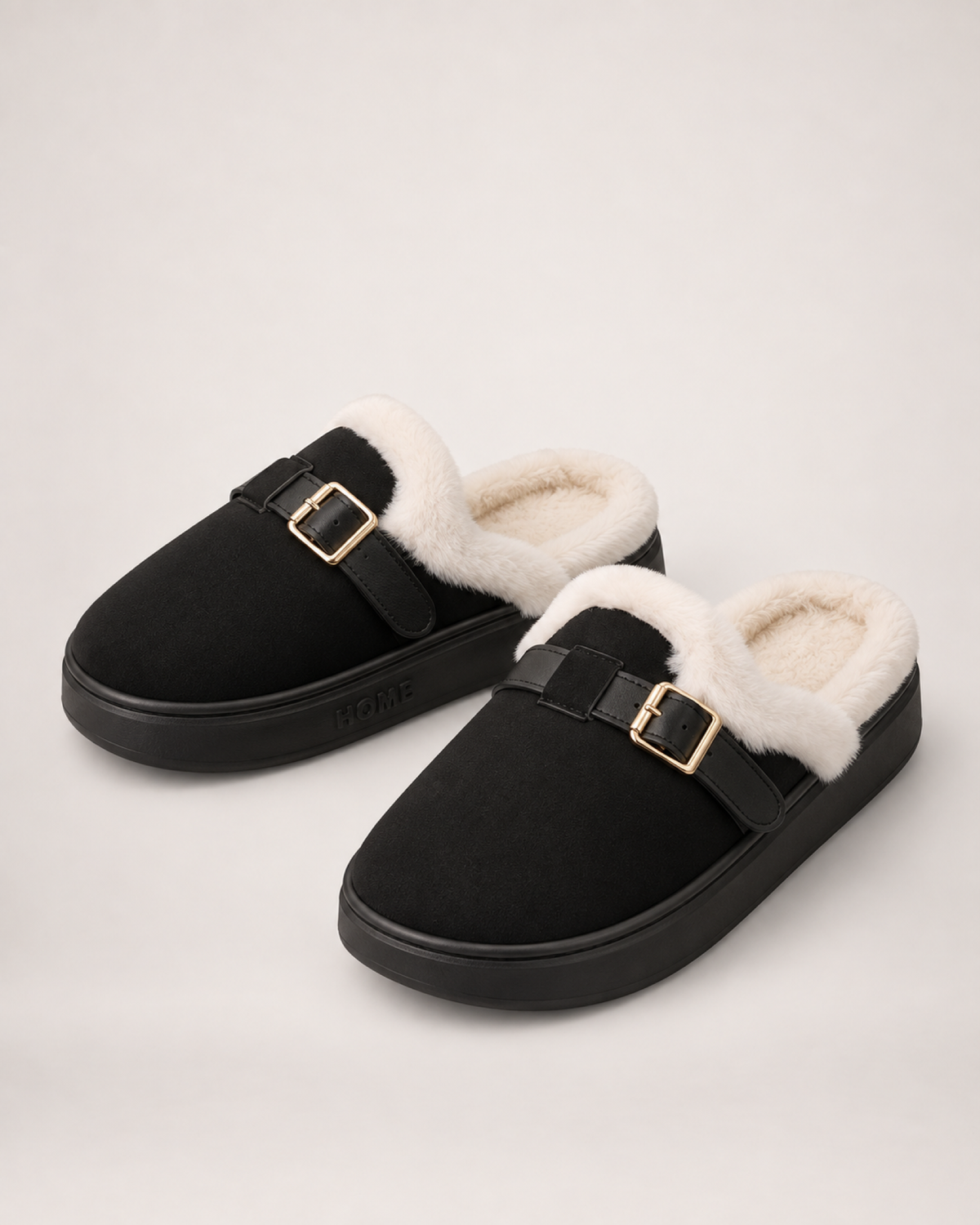 Faux Fur Buckle Mule Slippers in Black