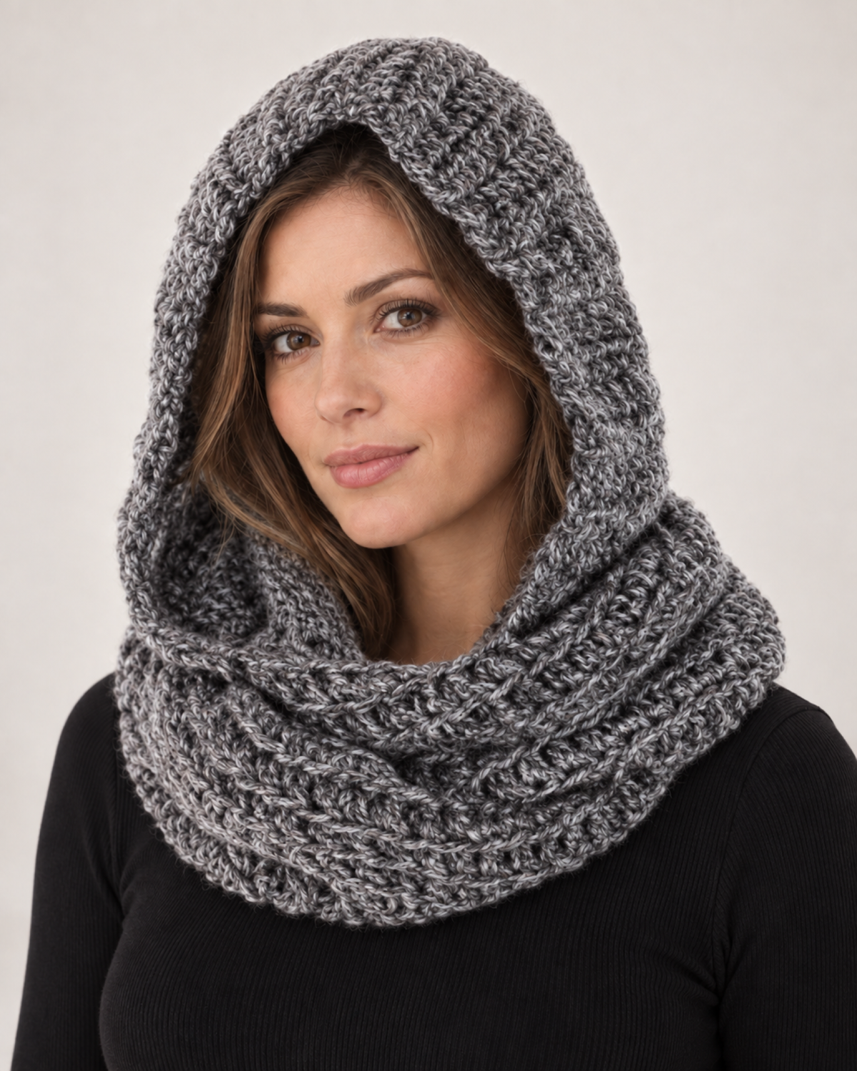 Women's Chunky Knit Hooded Scarf in Dark Grey