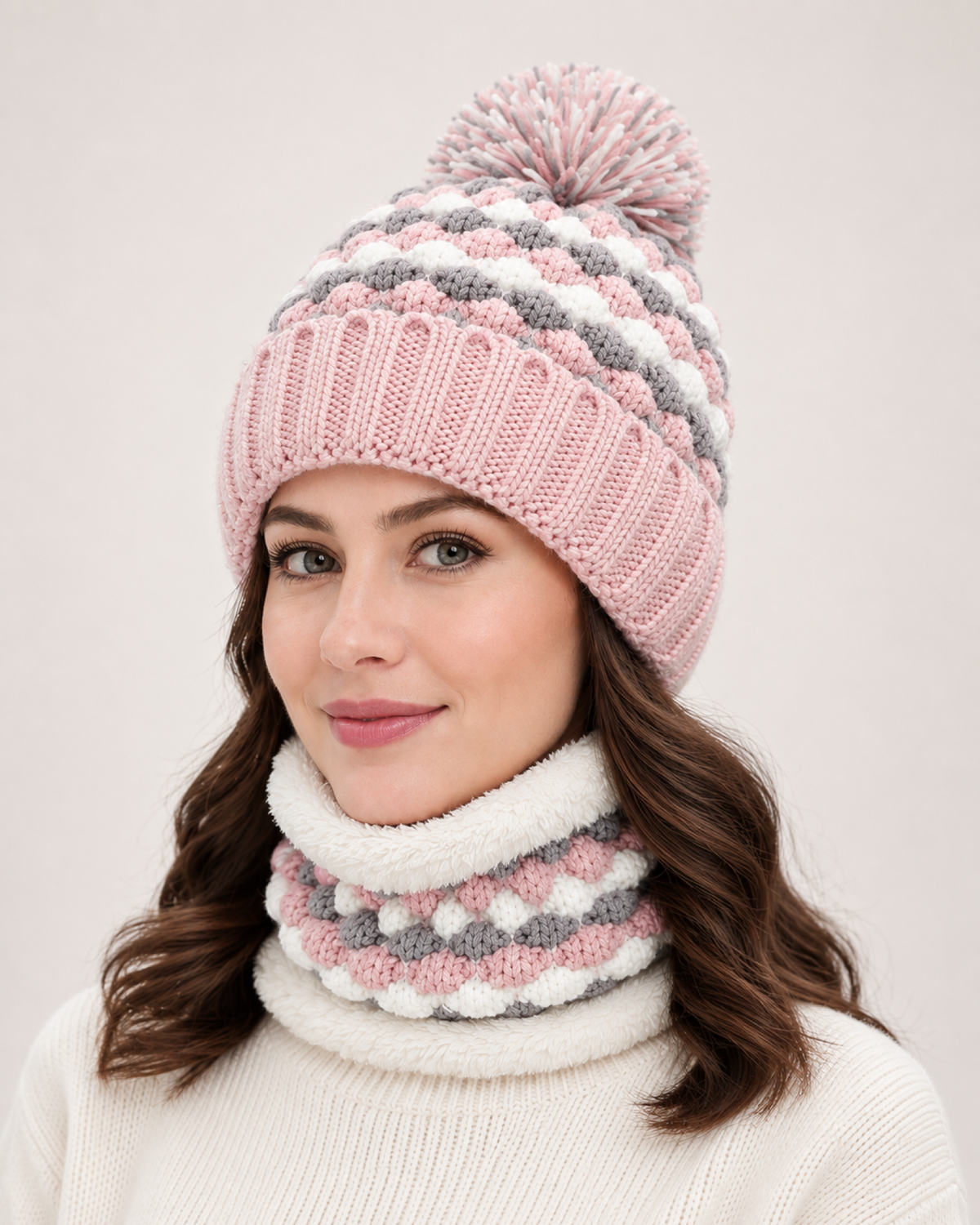 Women's Bobble Hat & Neck Warmer in Light Pink / Hat & Neck Warmer Set
