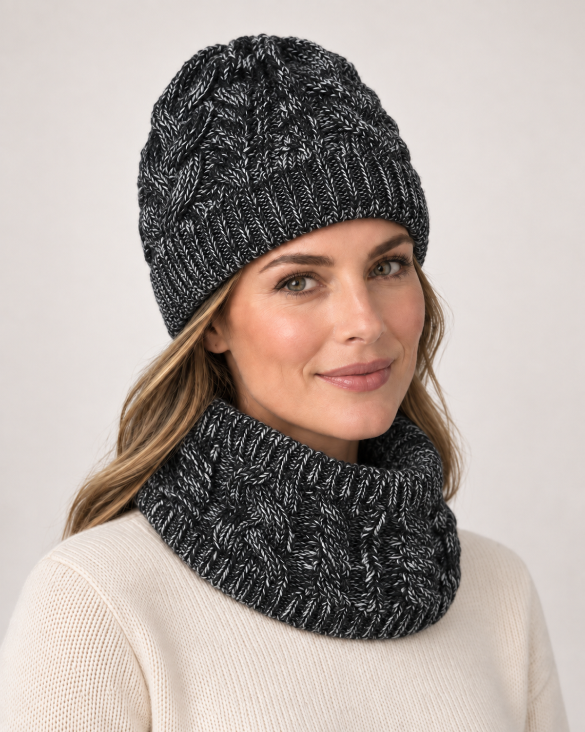 Women's Cable Knit Hat & Scarf Set in Black Marl