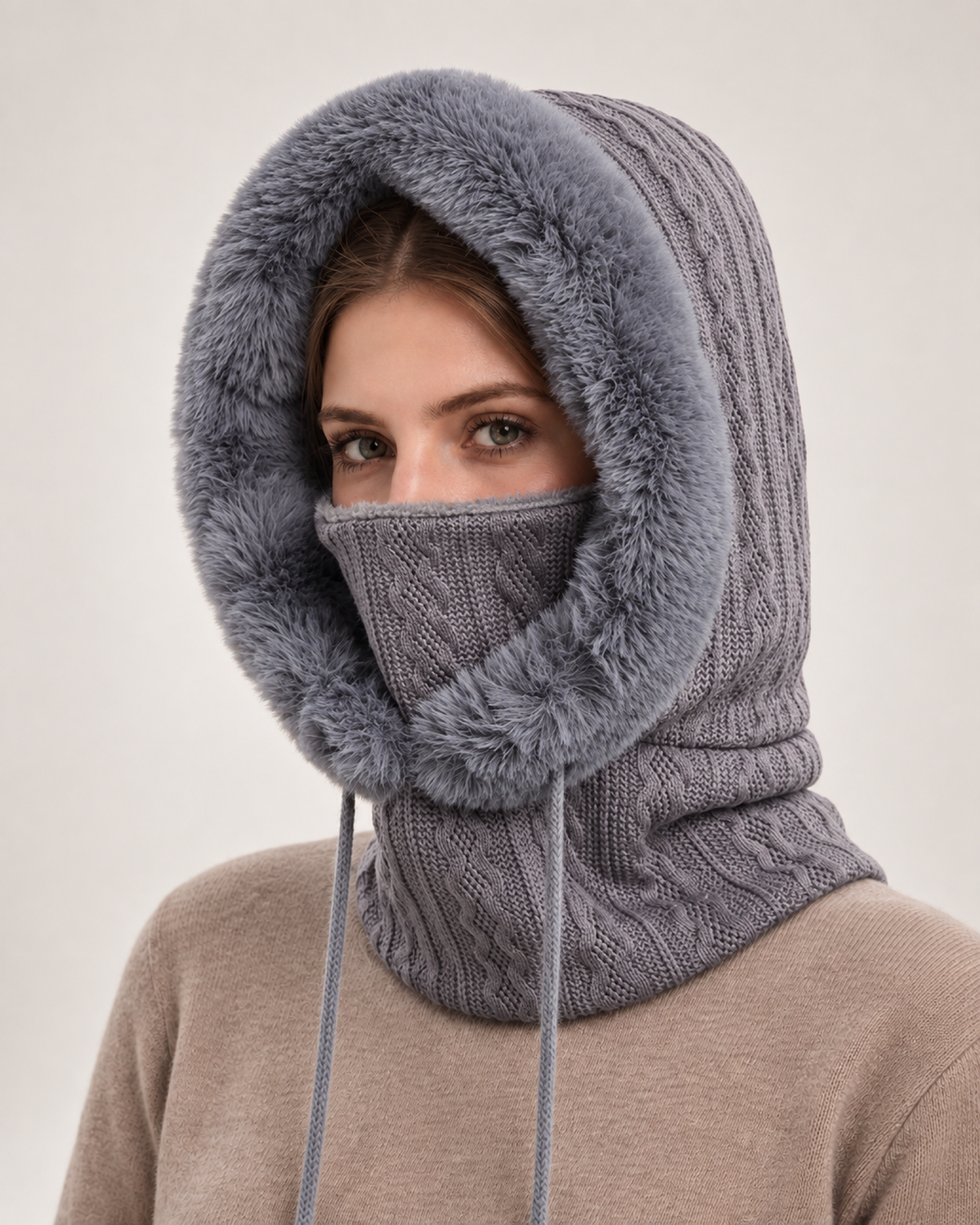 Women's Faux Fur Trim Hooded Scarf in Grey