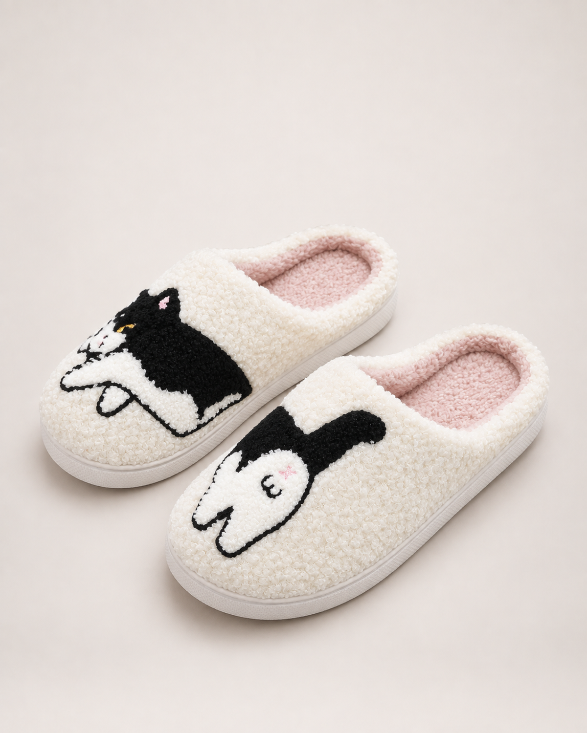 Embroidered Animal Slippers in Black & White Cat