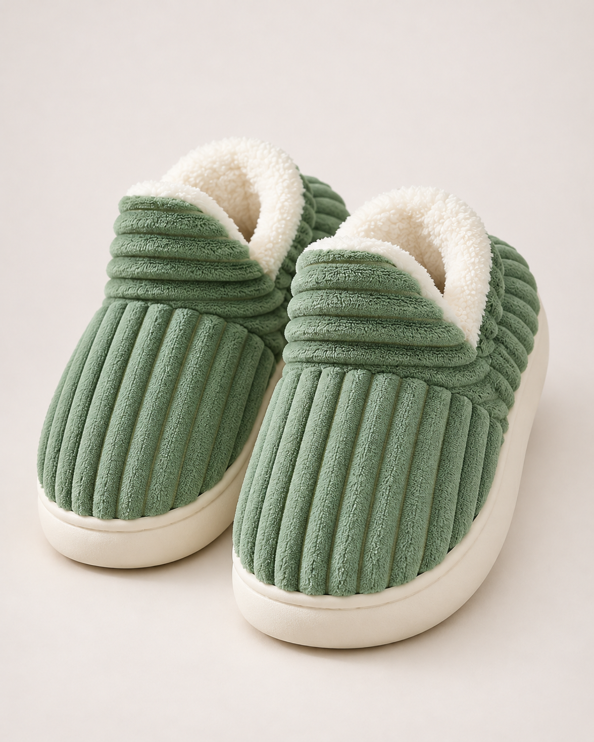 Men's Slippers: Striped Plush Style in Sage Green