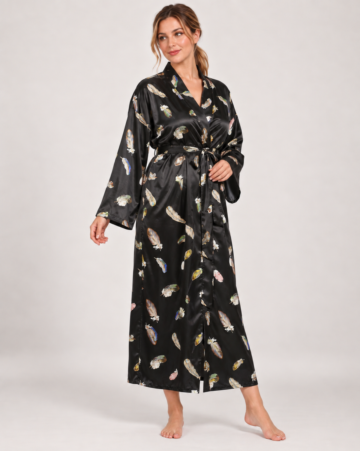Ladies' Floral Dressing Gown – Long Wrap Style in Black Feather, variant view