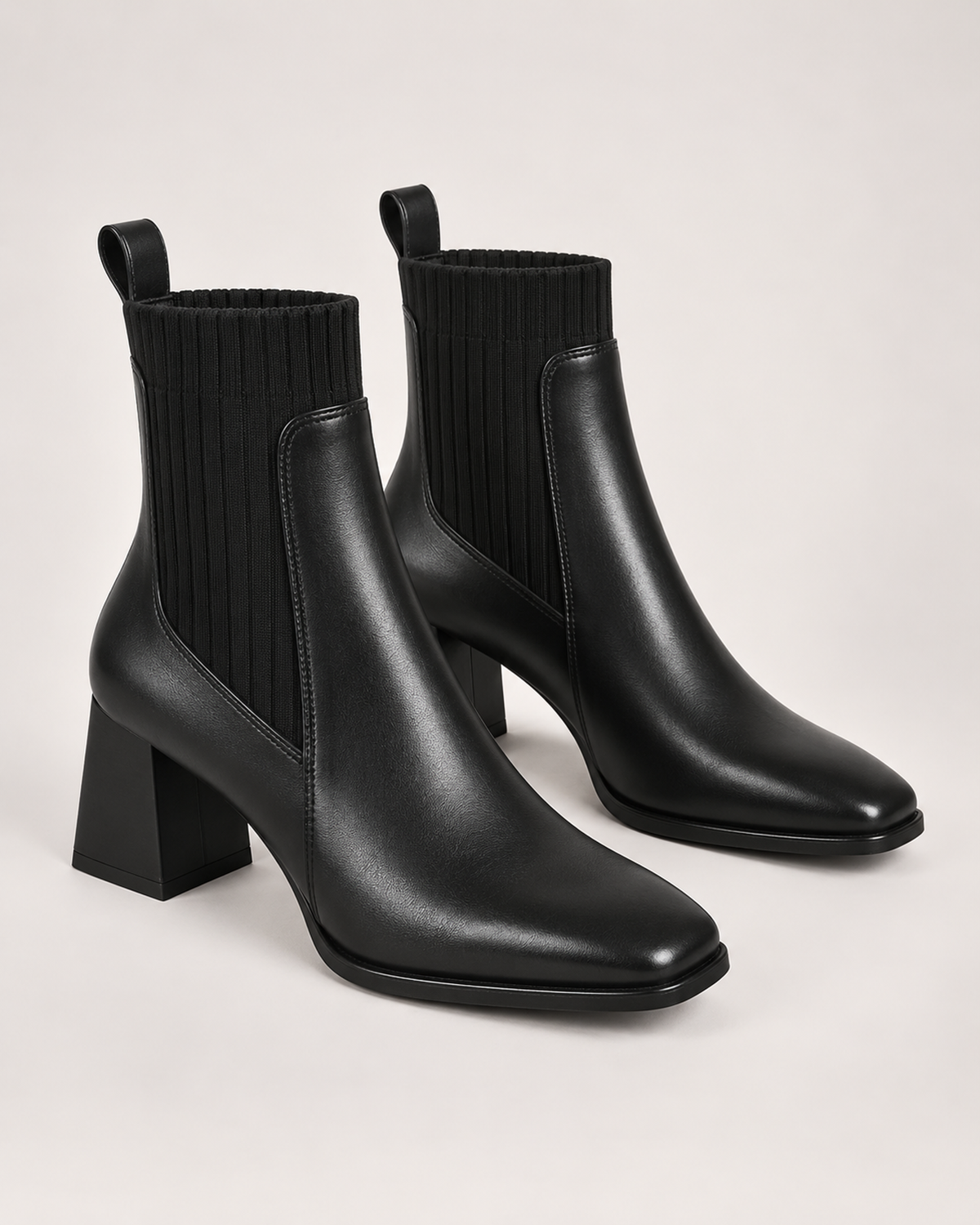 Women's Sock Boots – Square Toe Block Heel in Black Plush-Lined, variant view