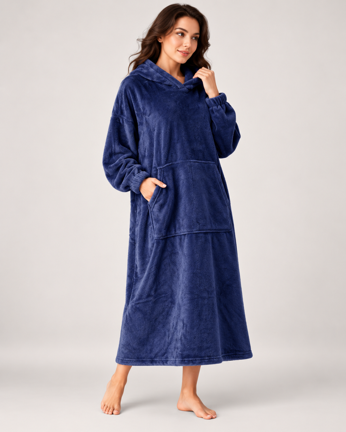 Ladies' Hooded Dressing Gown – Long Pullover Style in Blue / Navy Blue, variant view