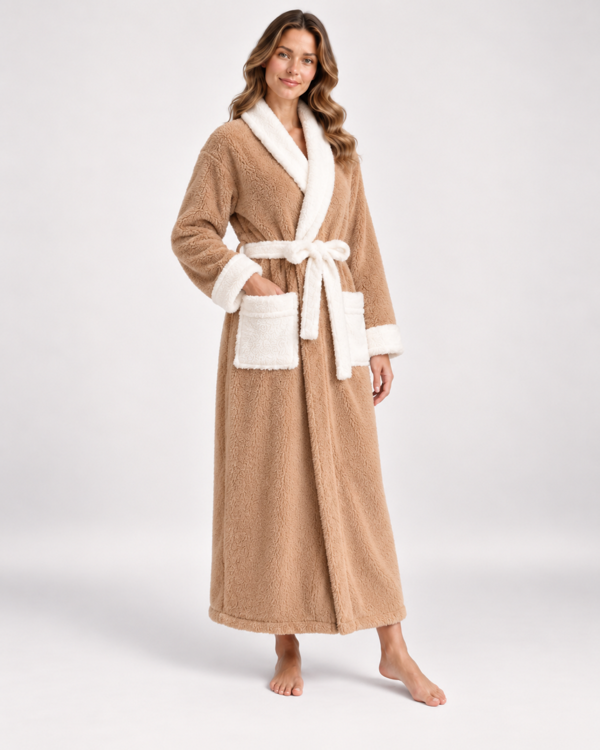 Women's Patterned Long Dressing Gown in Brown Pocket, variant view